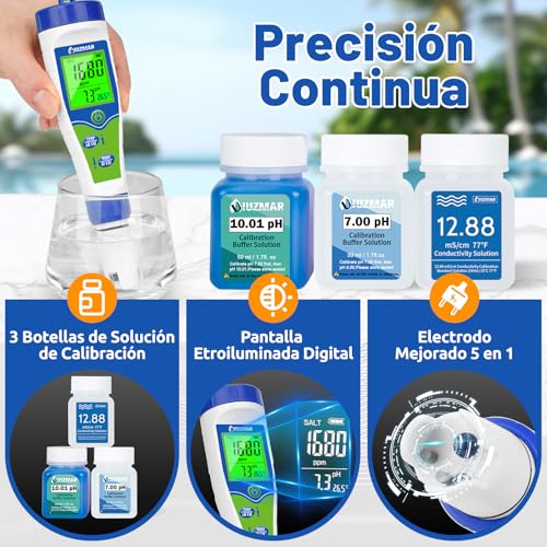 Detalle de UIUZMAR Medidor 5 en 1 de pH, Salinidad, TDS, CE y Temperatura para Piscinas, Acuarios y Spas