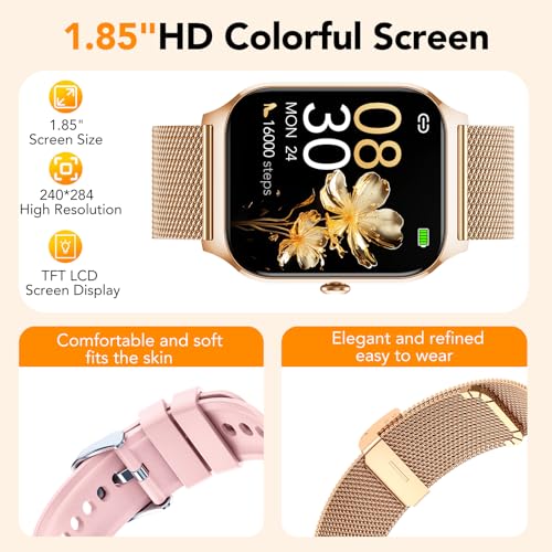 Thumbnail 6 de CASCHO Smartwatch Mujer Elegante 1.85" HD con Llamadas Bluetooth, IA y 2 Correas (Oro Rosa)