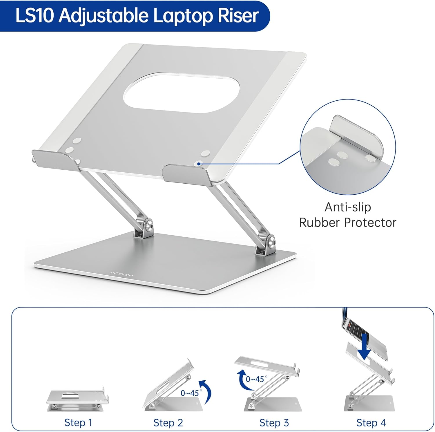 Detalle 1 de BESIGN LS10 Silver Laptop Stand, Adjustable and Foldable for 10–14-Inch Laptops