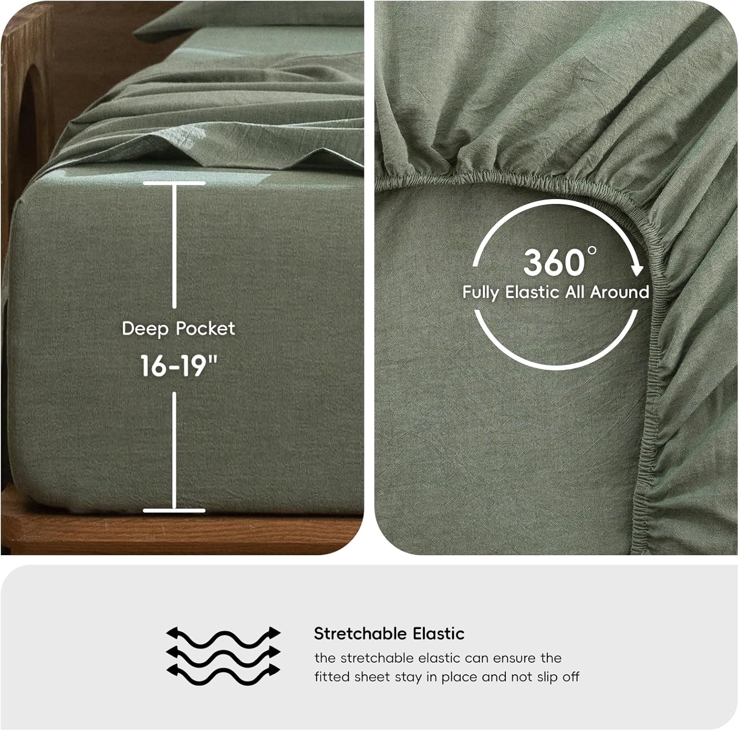 Detalle 2 de MooMee Bedding Sheet Set (King) 100% Washed Cotton Linen-Like Texture in Heathered Green