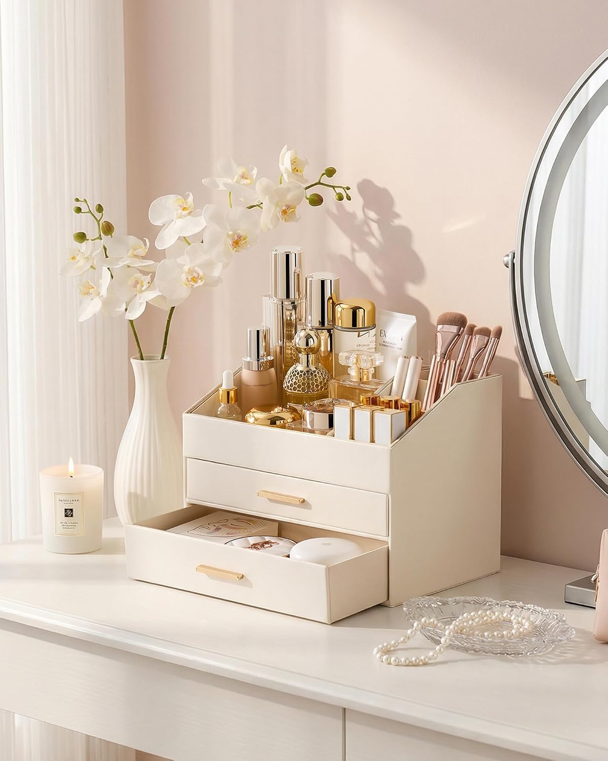 Thumbnail 6 de Lolalet 4-Layer PU Leather Makeup Organiser with Drawers for Vanity Desk (Cream)