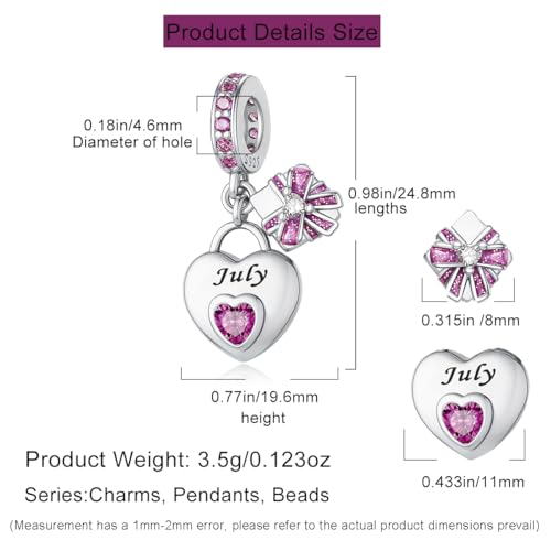 Detalle de HappyStar Dije de piedra de nacimiento en forma de corazón de plata 925 (July) para pulseras y collares