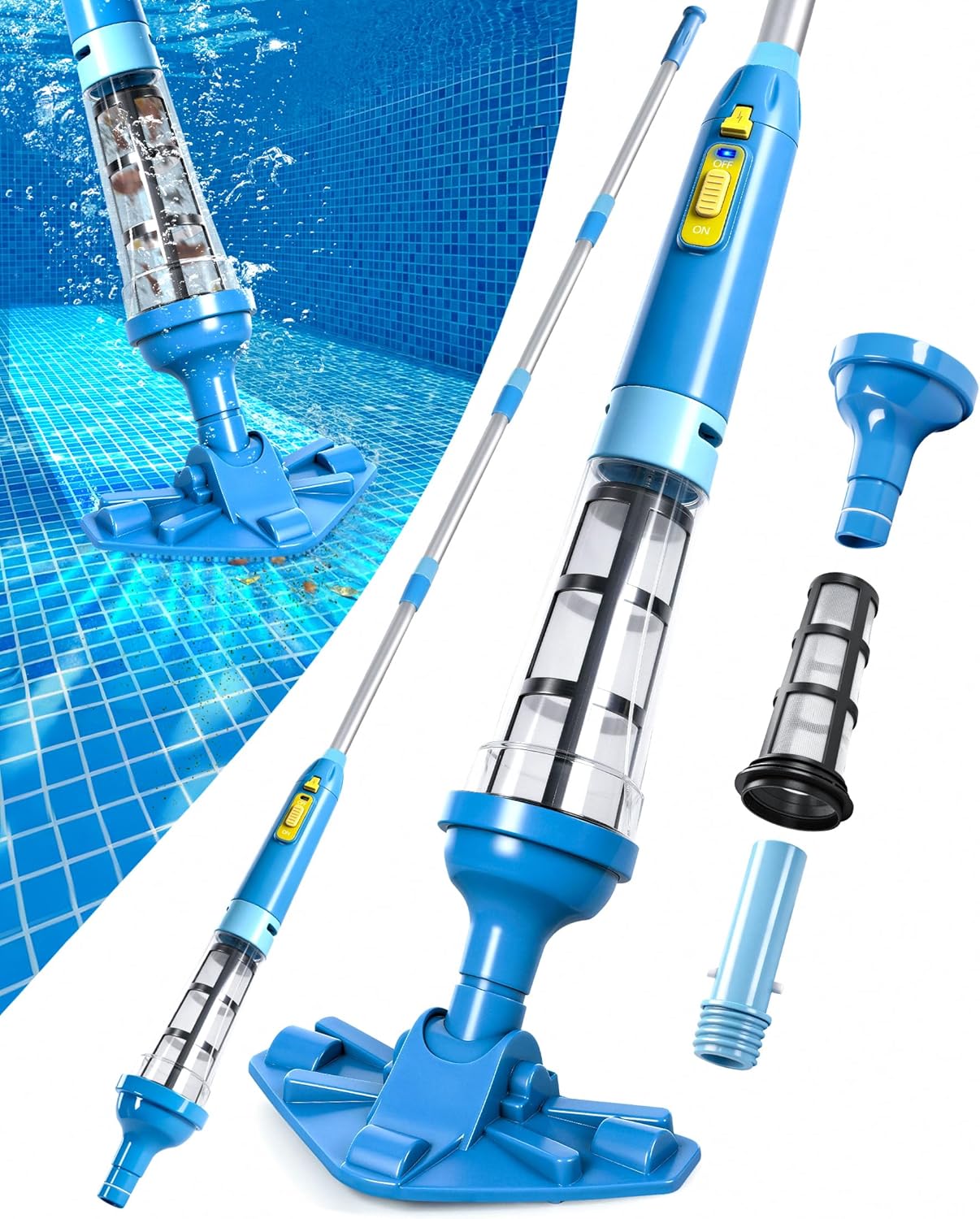 Detalle de LanBlu Poolsauger Akku mit Teleskopstange – 60 L/Min, 5200 mAh, 90 Min Laufzeit