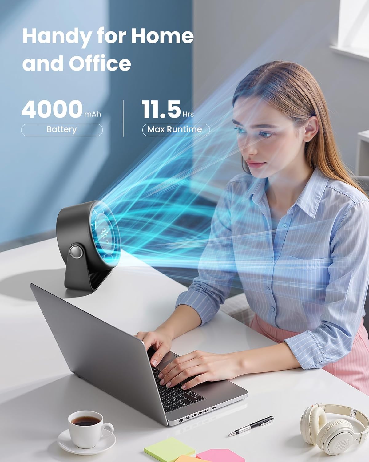 Thumbnail 2 de gaiatop Small Rechargeable Desk Fan (5in) with 4000mAh Battery, Touch Control LED, 360° Tilt, 5 Speeds – Black