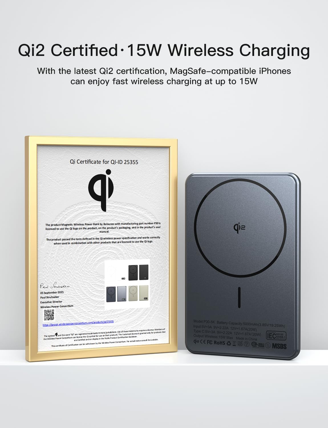 Thumbnail 1 de Bolvunes MagSafe Qi2 power bank (5000mAh) – slim 15W wireless charging with Type-C