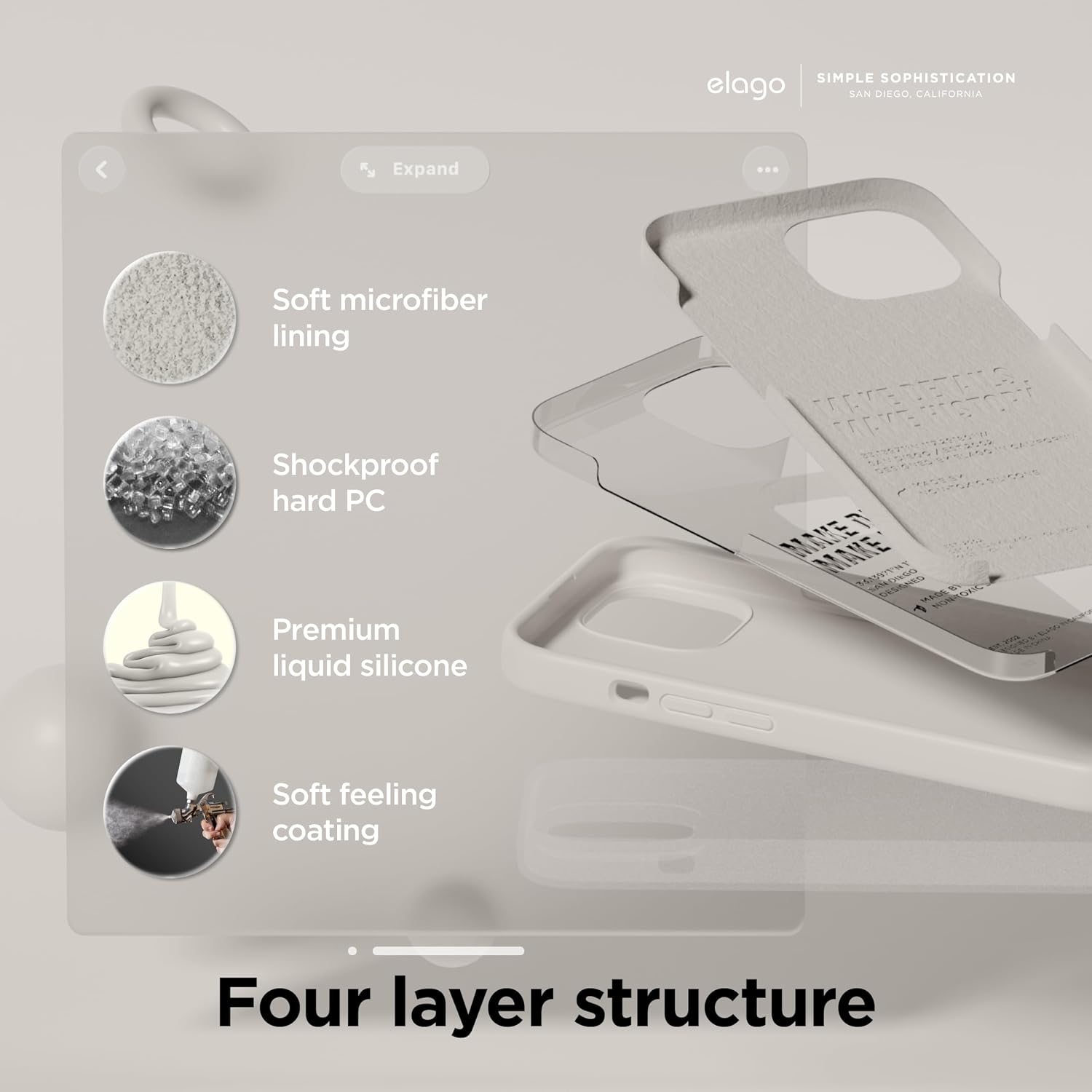 Detalle de elago Coque Silicone Liquide 4 couches anti-choc pour iPhone 15 (Stone) avec microfibre anti-rayures