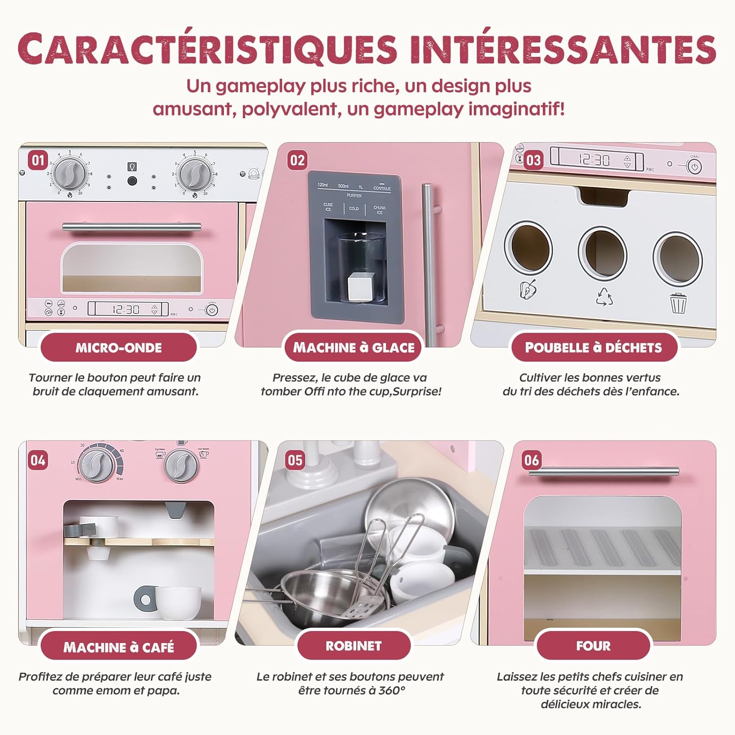 Thumbnail 5 de EDUBEBO Ensemble de Jeu de Cuisine pour Enfants – hauteur réglable en bois avec accessoires (Rose)