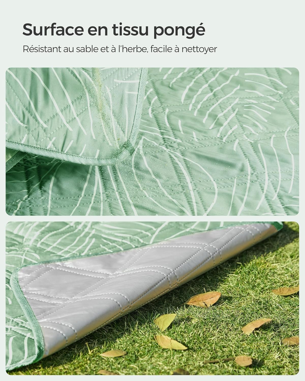Thumbnail 5 de SONGMICS Couverture de pique-nique GCM010C02 200 x 200 cm avec 4 piquets, motif feuilles vert menthe