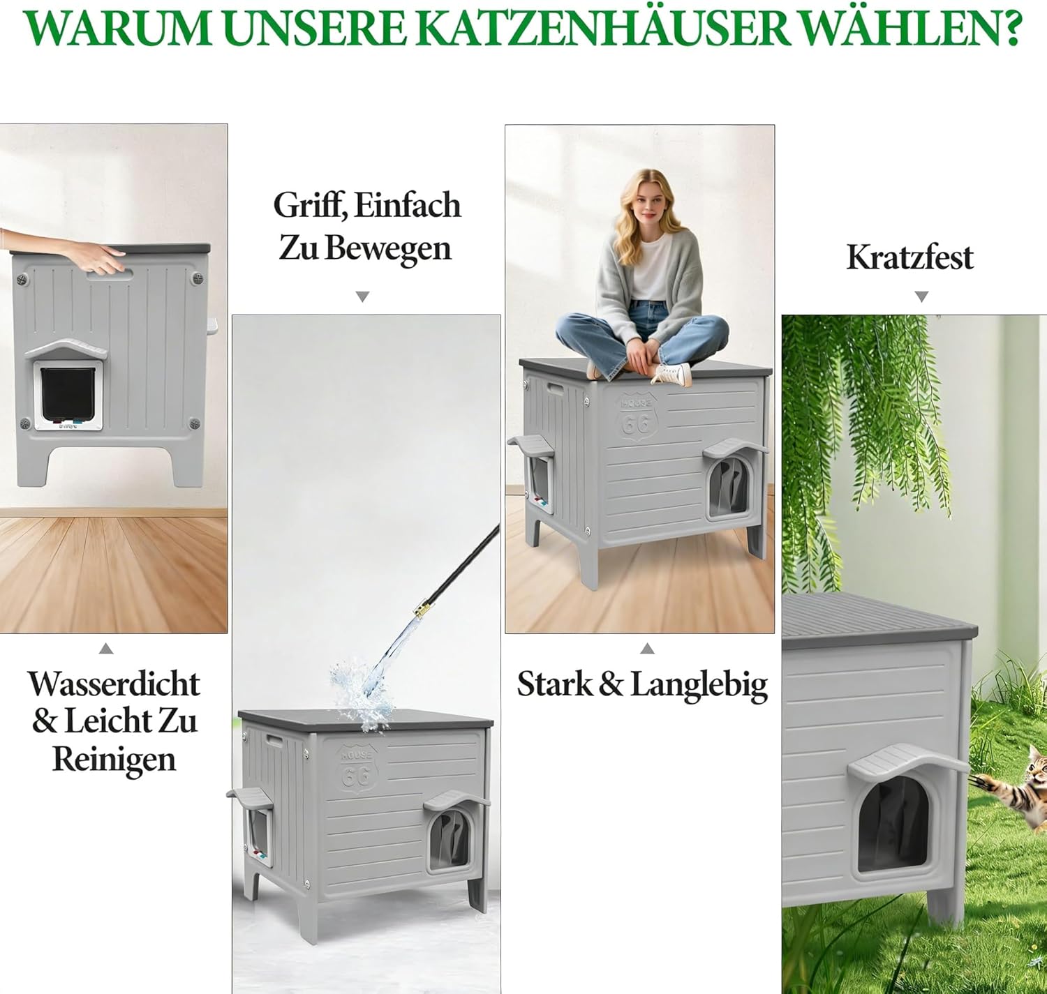 Thumbnail 2 de HiCaptain Outdoor-Katzenhaus winterfest aus HDPE mit Flucht-Tür – grau, für kleine bis mittlere Katzen