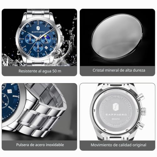 Detalle de BENYAR Reloj Cronógrafo de Hombre con Fecha, 50M, Acero Inoxidable