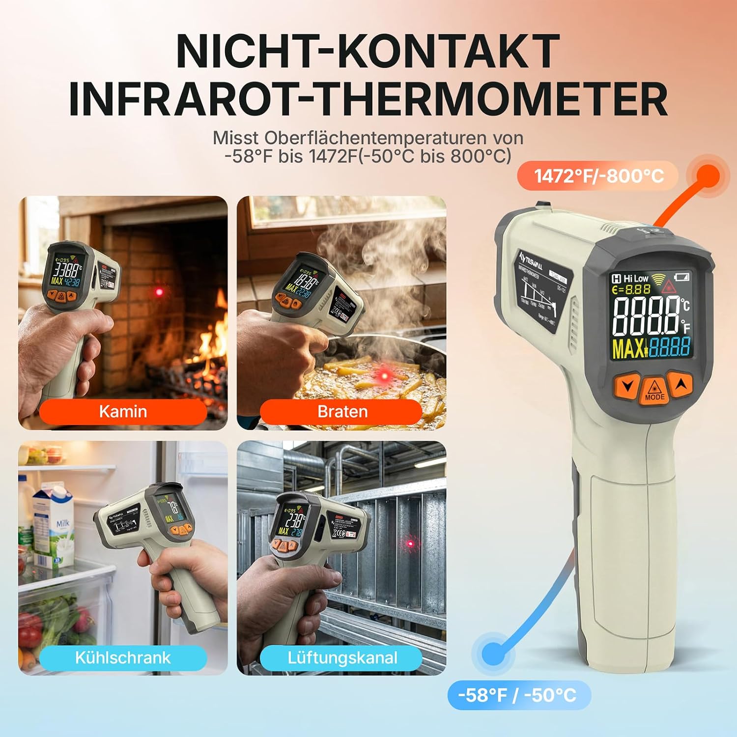 Detalle de Infrarot Thermometer von Tilswall – -50 bis 800 °C, K-Sonde, LCD Display (nicht für Menschen)