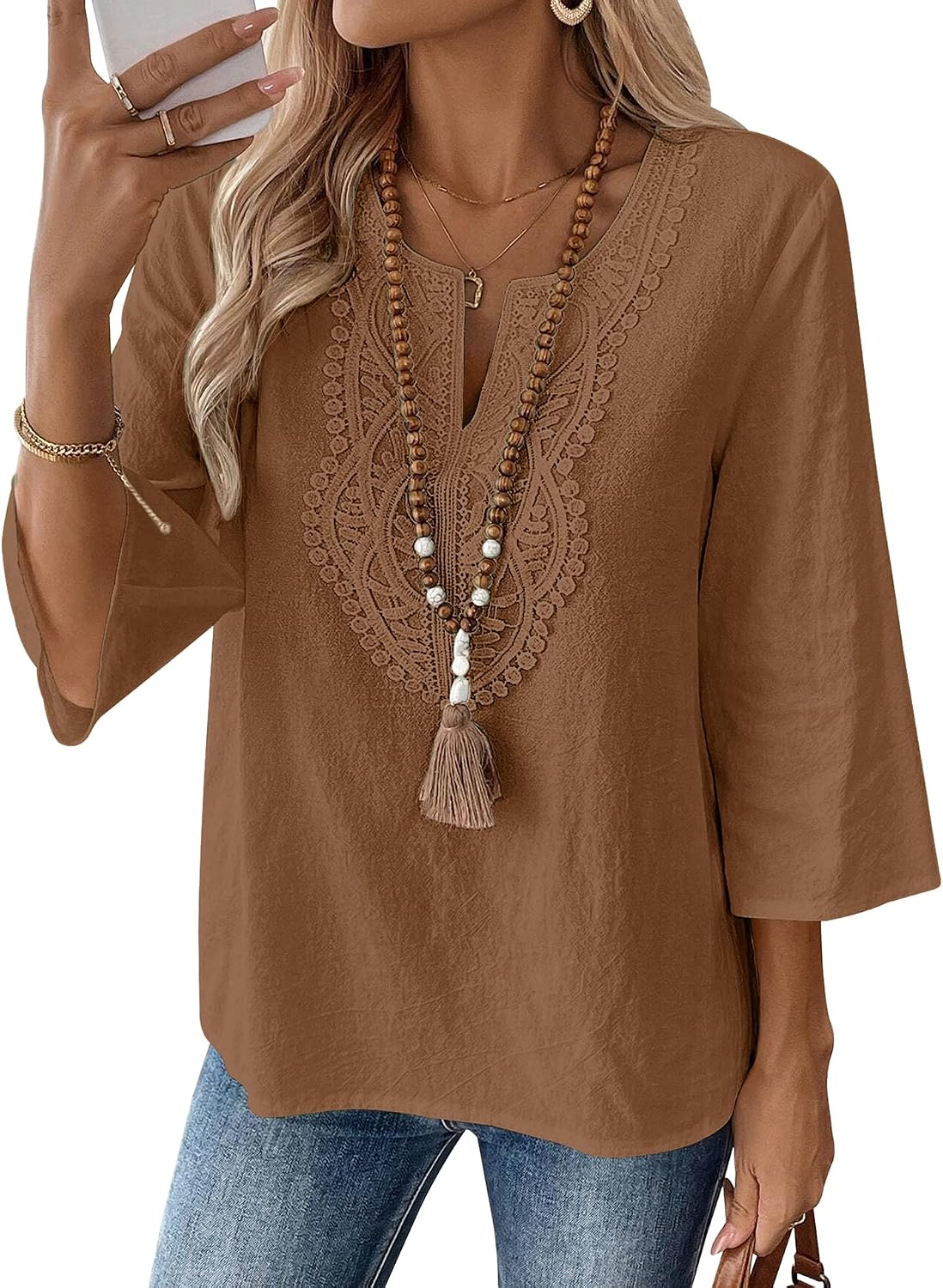 Detalle de Lomon Womens Cotton Linen 3/4 Sleeve V-Neck Lace Casual Loose Fit Blouse