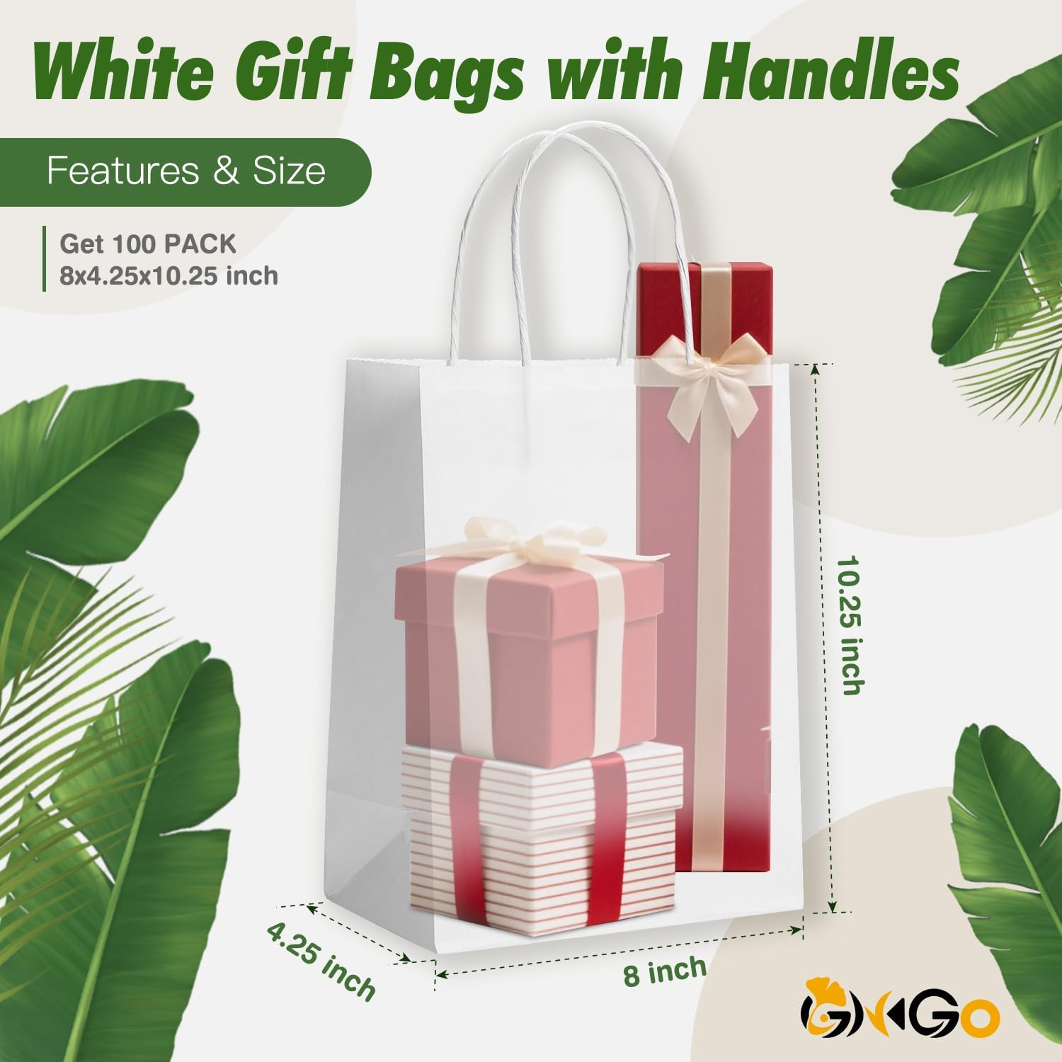 Thumbnail 1 de Ginkgo 100 Pack White Gift Bags with Handles – Medium Kraft Bags (8x4.25x10.25)