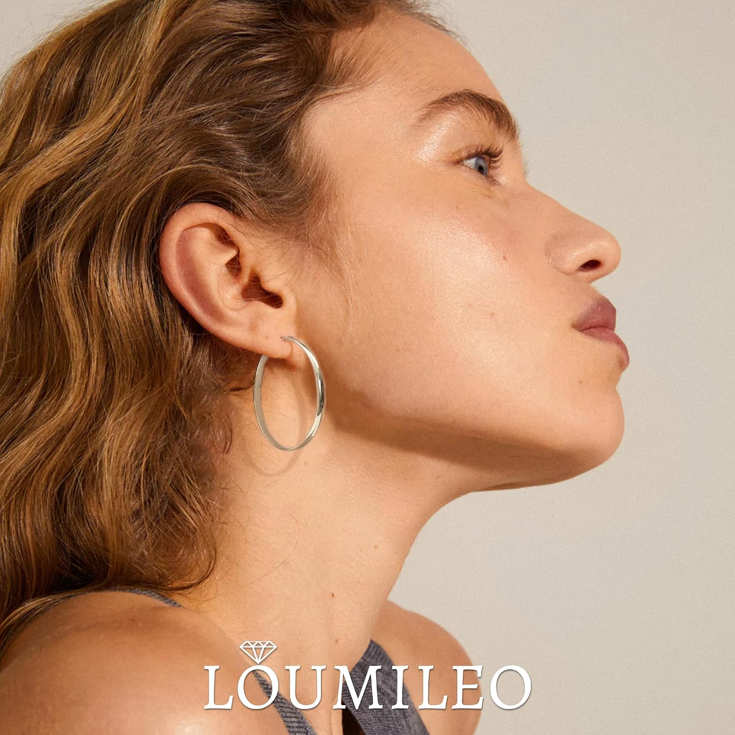 Thumbnail 1 de LOUMILEO 4mm Wide Large Silver Hoop Earrings (925 Sterling Silver posts) — Hypoallergenic thin hoops in 30–70mm