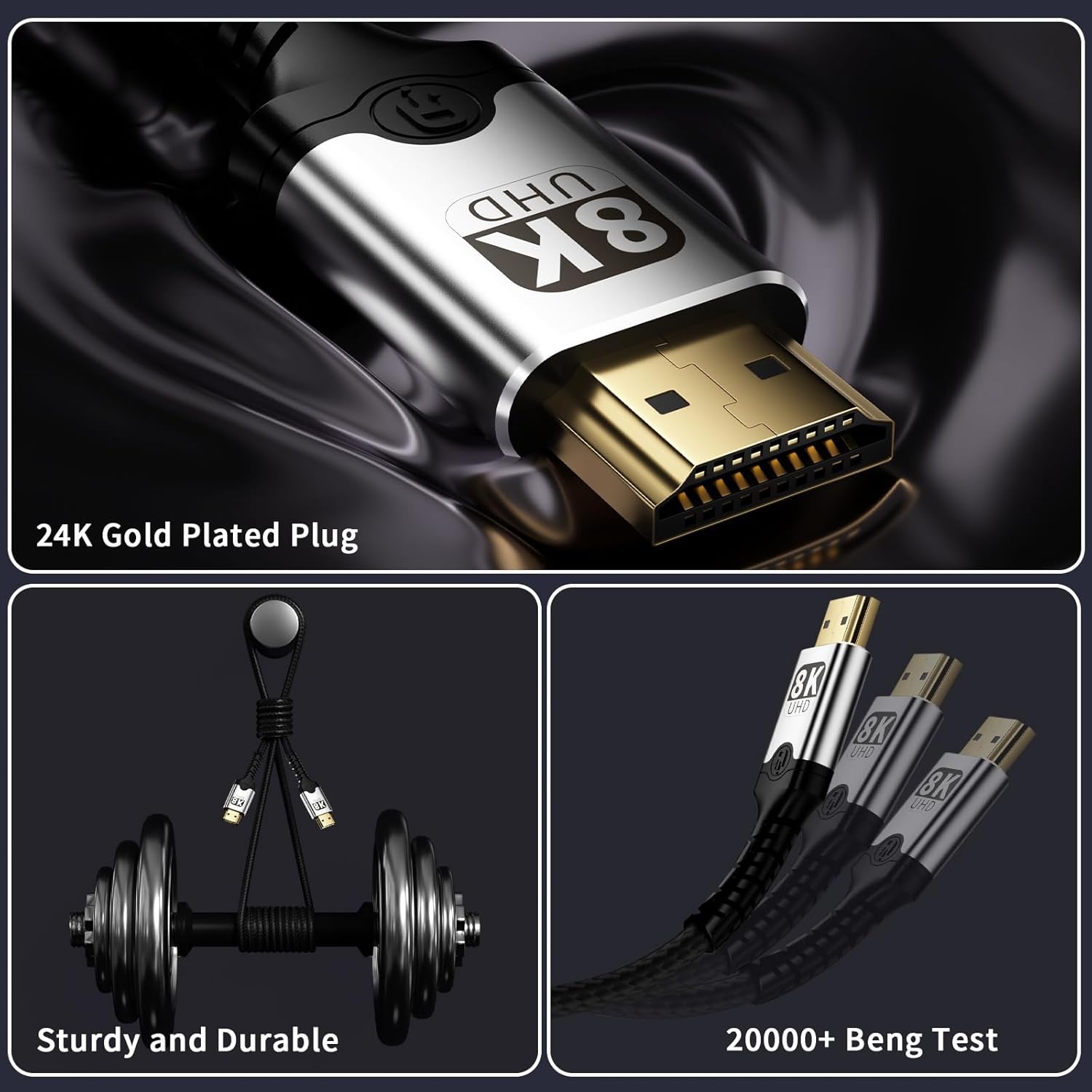 Thumbnail 4 de Vecbmn HDMI-Kabel 2 m HDMI 2.1 (8K@60Hz, 4K@120Hz, 48 Gbps) mit Dolby Atmos