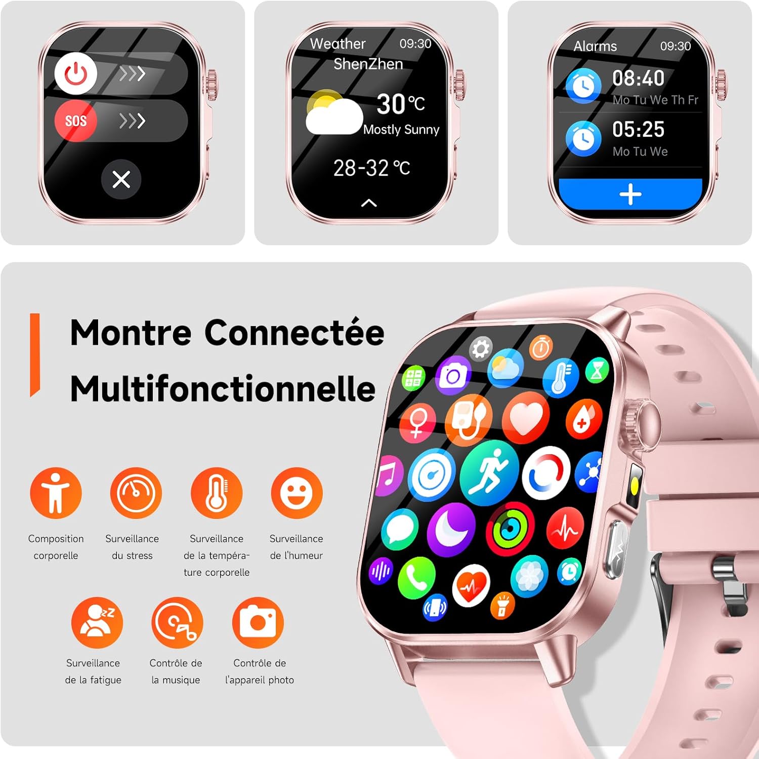 Detalle 2 de Montre Connectée Femme 2026 with ECG, HRV, BMI, LED, Sommeil et 130+ sports – IP68, AMOLED 2,0