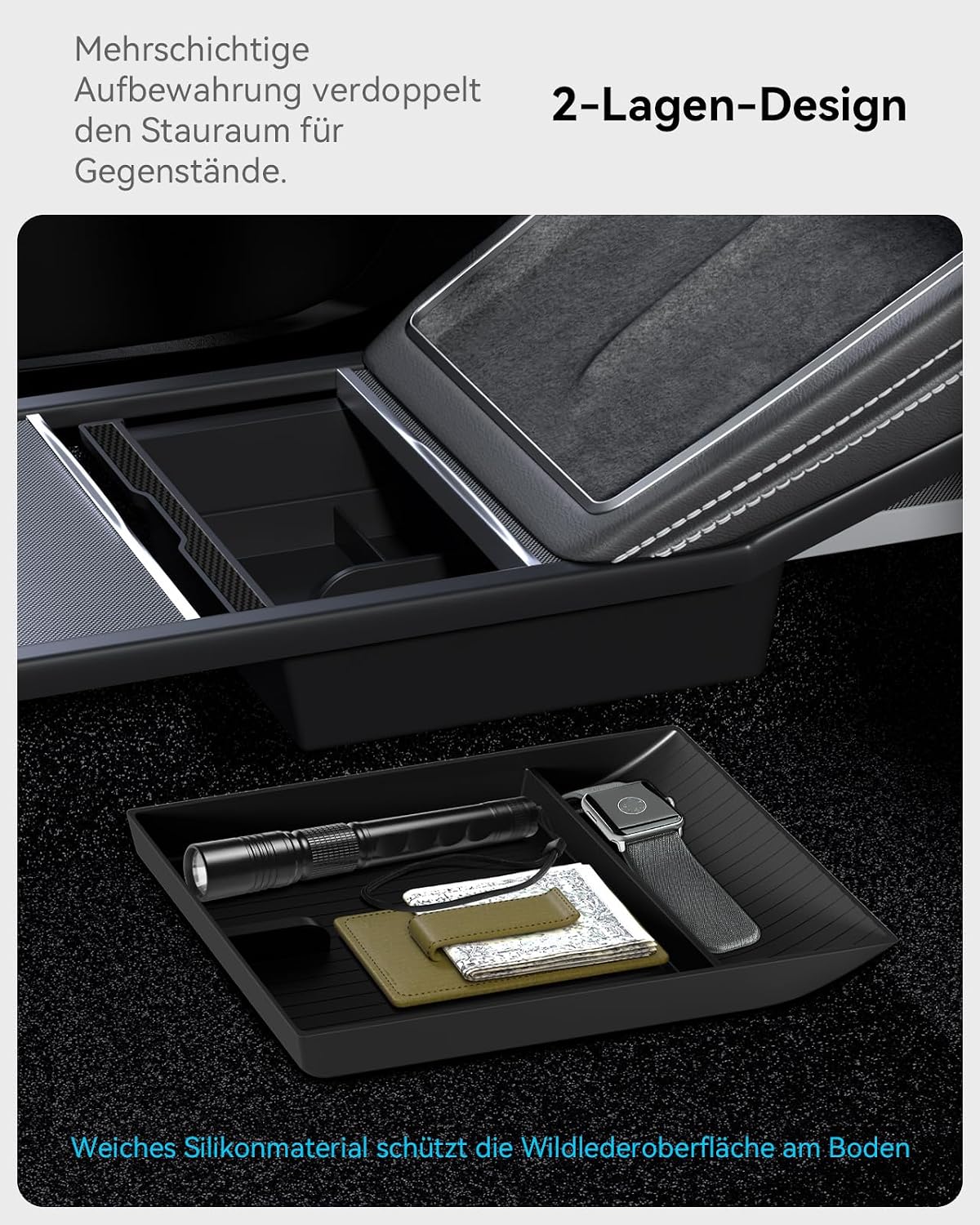 Detalle de VIHIMAI 4-teiliges Mittelkonsolen-Organizer-Set für Tesla Model Y 2025 Juniper (Schwarz) mit Unterteilungen