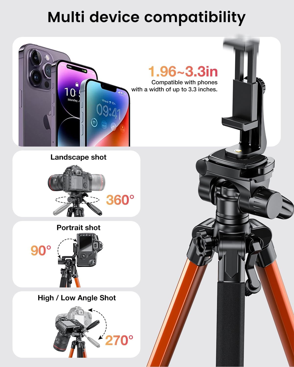 Detalle 1 de CAMBOFOTO SAB265 74-Inch Camera Tripod, Orange Aluminum, 360° Pan Head