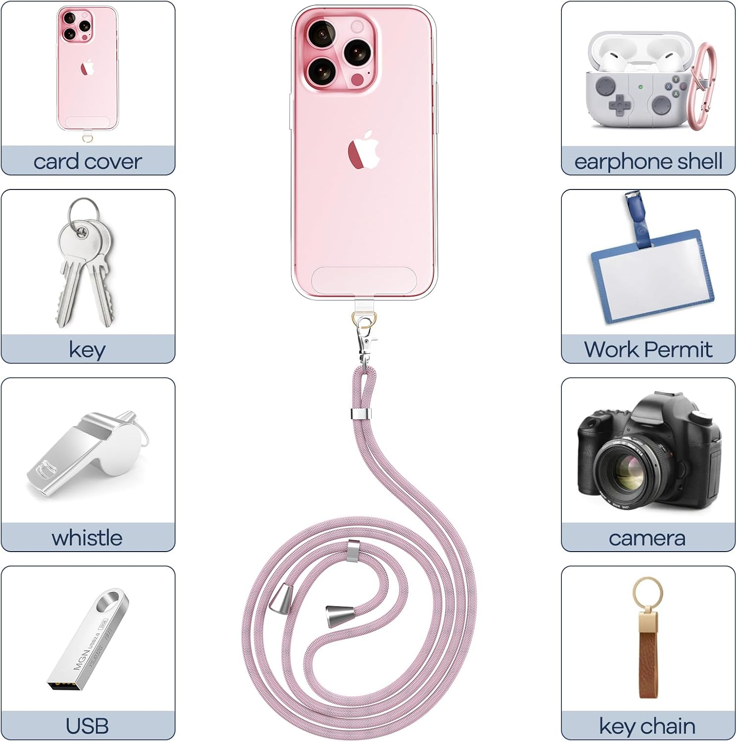 Thumbnail 1 de caslord Mobile Phone Lanyard: Transparent TPU Patch, Rose Gold + Clear