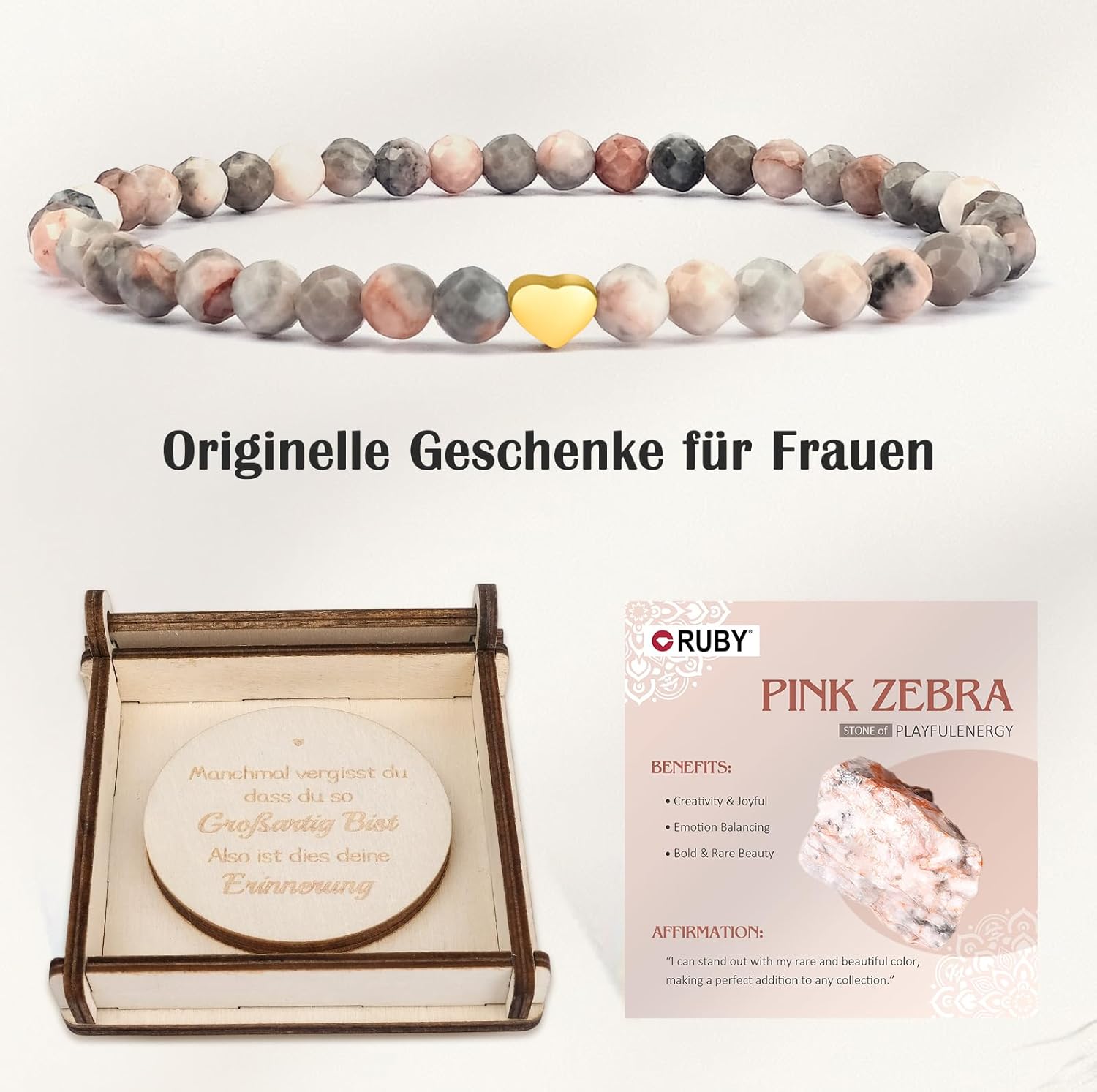 Thumbnail 1 de RUBY Edelstein Armband für Frauen – 4 mm Perlen, 18K Vergoldete Edelstahlherz-Accessoires, elastisch & handgefertigt