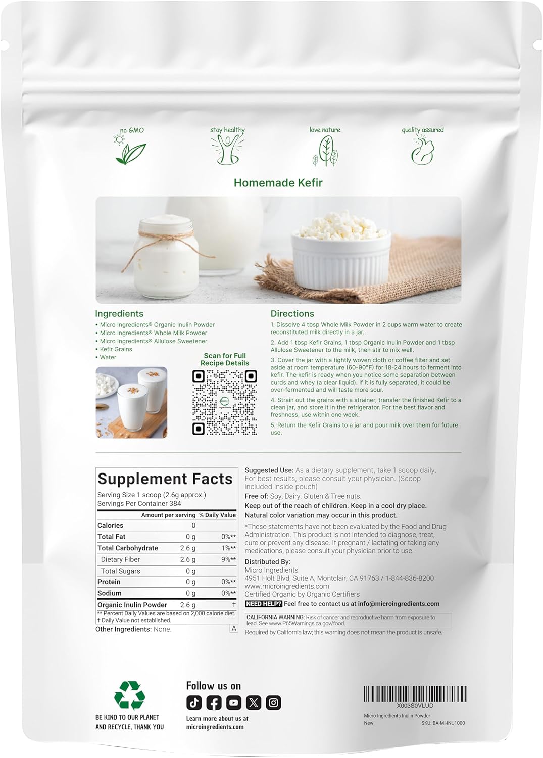 Thumbnail 1 de Micro Ingredients INU Organic Inulin FOS Fiber Powder, 2.2 lb, Vegan