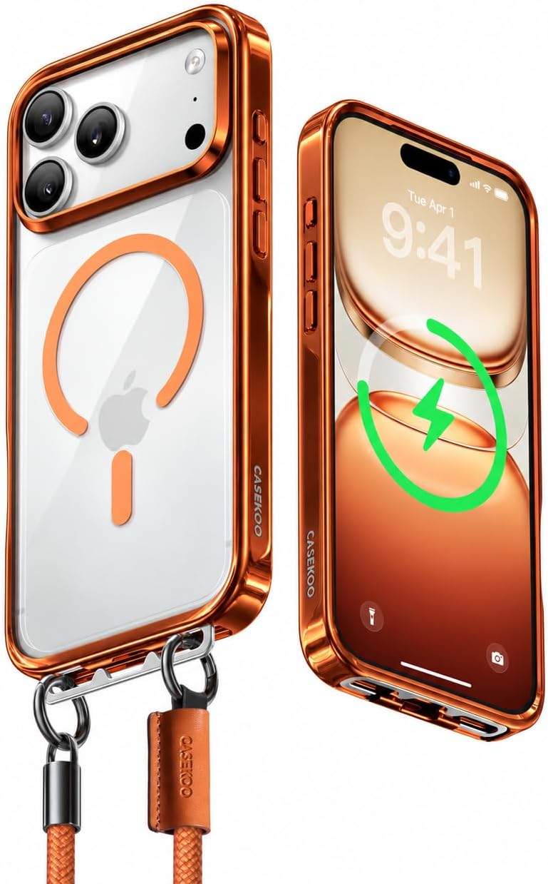 Detalle de CASEKOO Linkoo Magnetic Case for iPhone 17 Pro Max, Orange, Clear Back