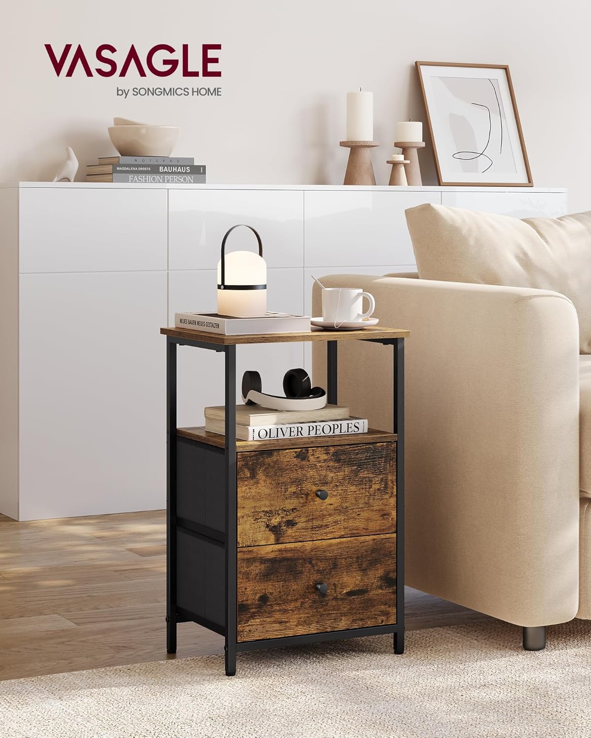 Detalle de VASAGLE Set di 2 Comodini, Tavolino con 2 Cassetti in Tessuto – Marrone Vintage/Nero Opaco, LGS225K01