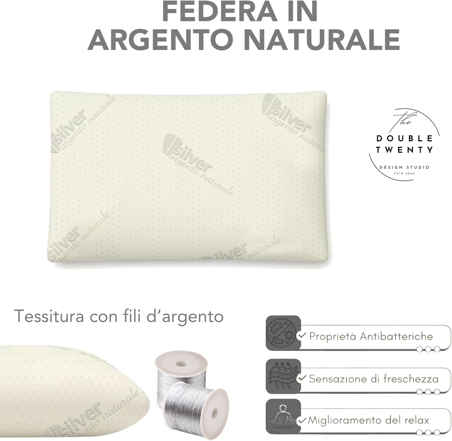 Detalle 2 de The Double Twenty Cuscino Antirussamento in Memory Foam – Sostegno Ergonomico alto 18 cm con fodera in argento naturale