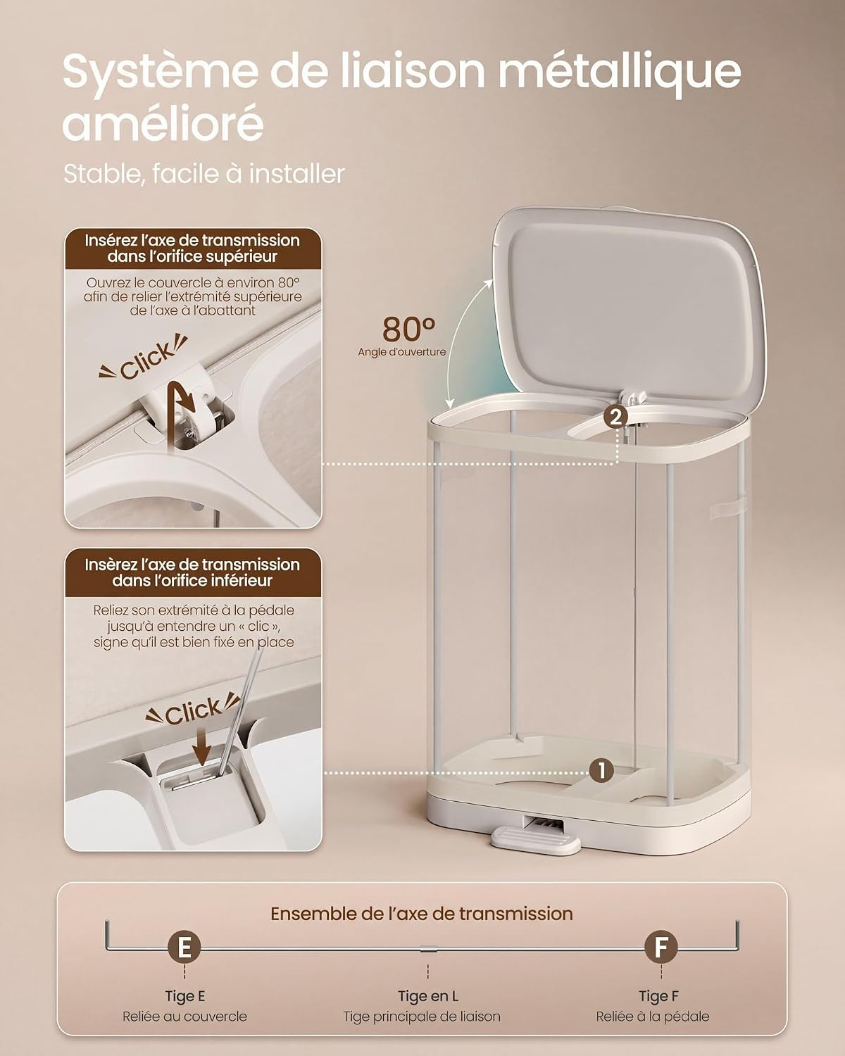 Detalle de SONGMICS LCB832L101 wasmand met pedaal, 2 vakken, 160 l, cappuccinabeige