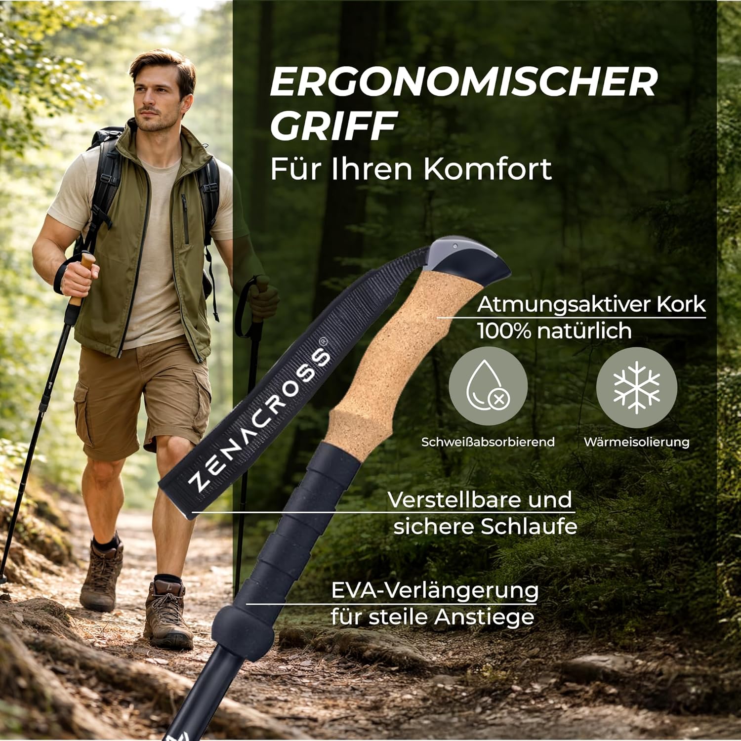 Thumbnail 4 de Zenacross Wanderstöcke Teleskop – Nordic Walking Stöcke, ultraleicht, Korkgriff, verstellbar 65–135 cm