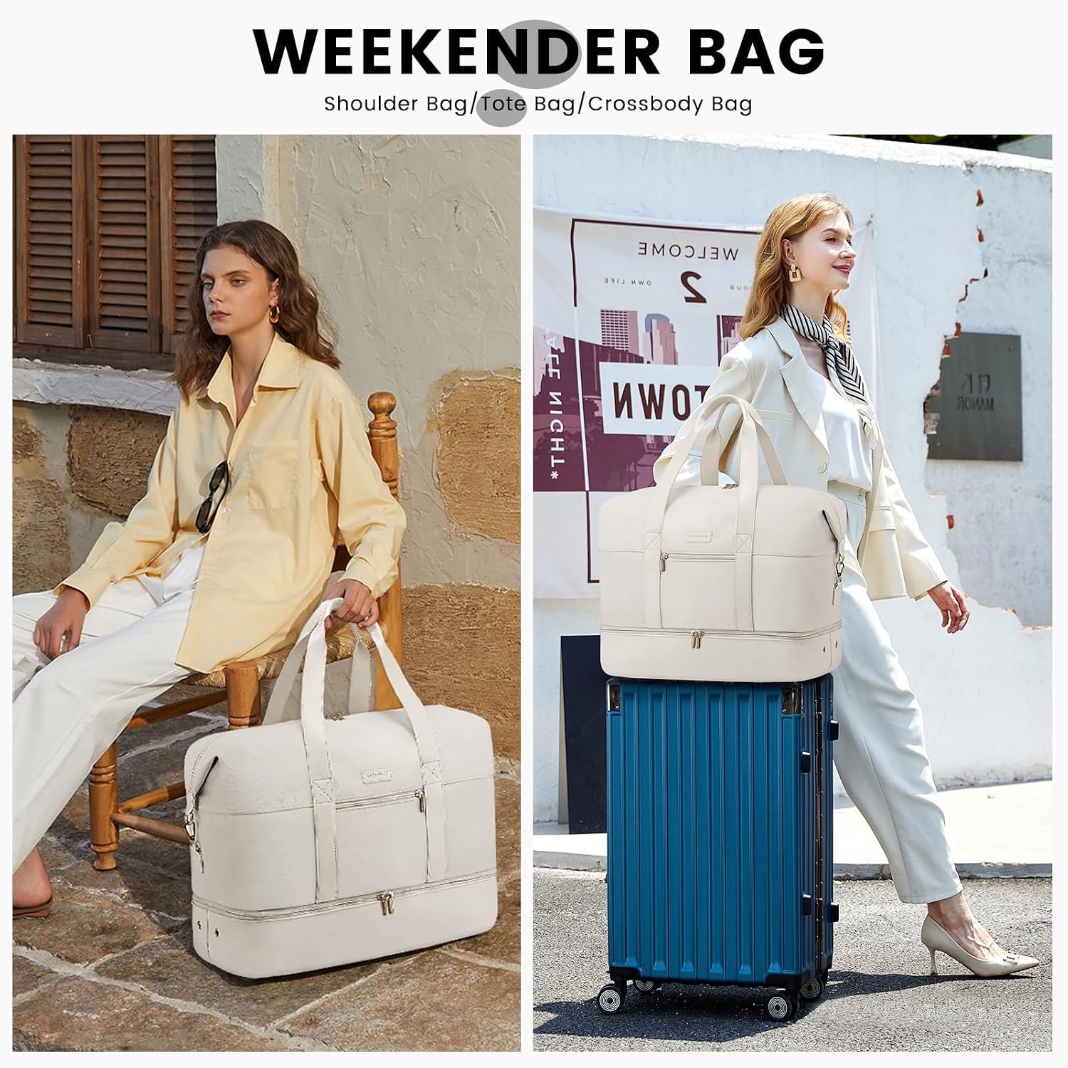Detalle de LOVEVOOK Weekender Reisetasche für Damen mit Schuhfach, Kulturtasche & Nass-/Trockentrennung (50 x 38 x 25 cm), Beige