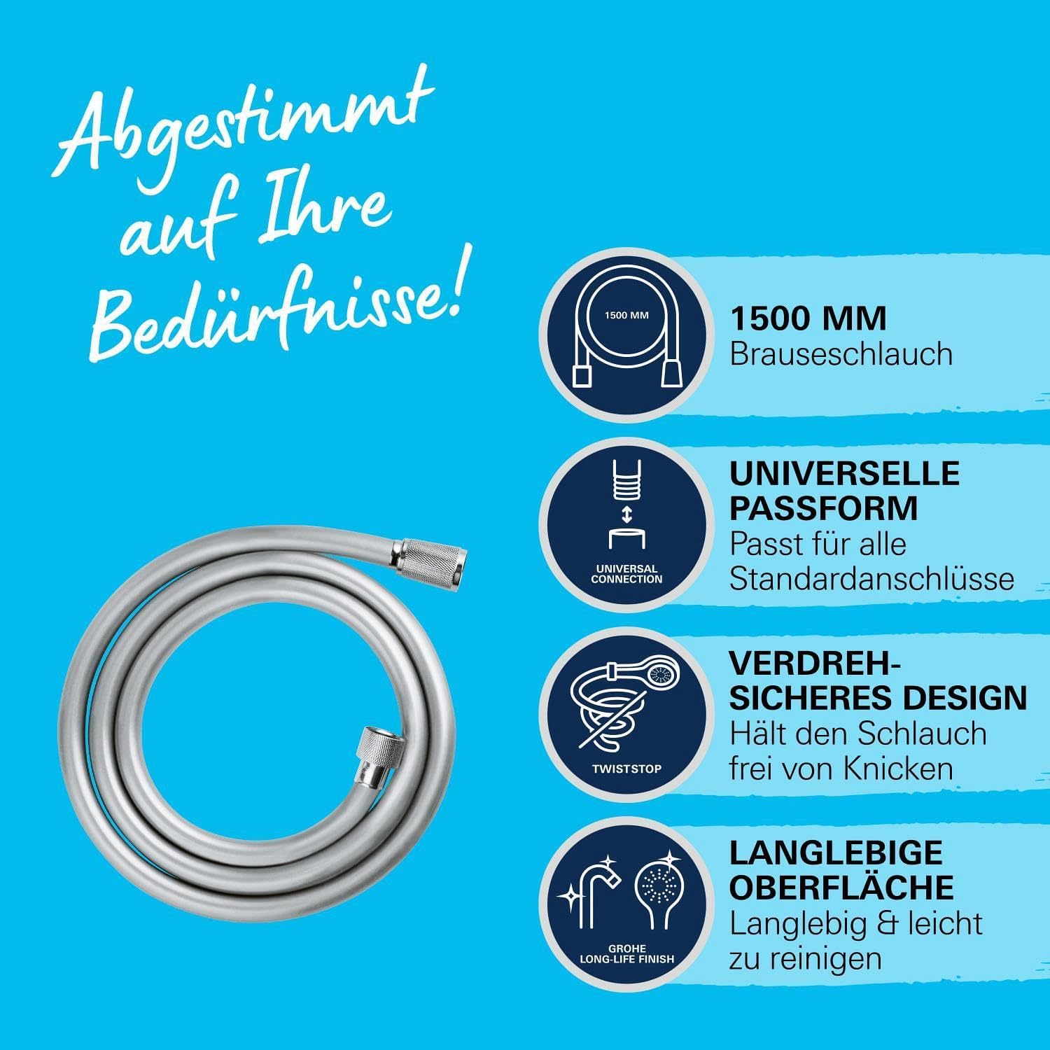 Thumbnail 3 de GROHE Vitalioflex Duschschlauch 1,50 m – knickfest, hitzebeständig, universeller Anschluss, Chrom (28743002)