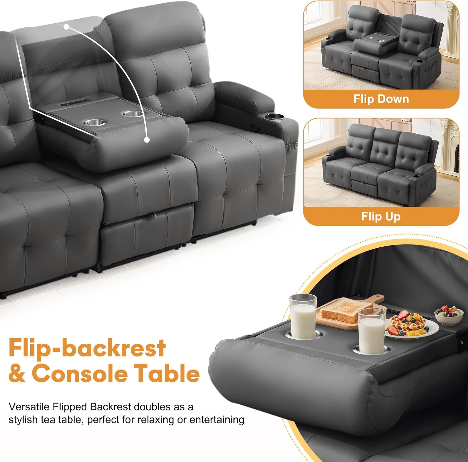 Detalle de Korser LS-1066-Grey-NEW 3-Seat Recliner Sofa with PU Leather & Flip-Back Console