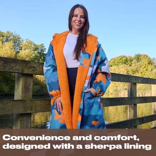 Thumbnail 6 de OHS Rain Coats for Women & Men Camouflage Waterproof Changing Robe with Hood and Pockets (Blue/Orange, L/XL)