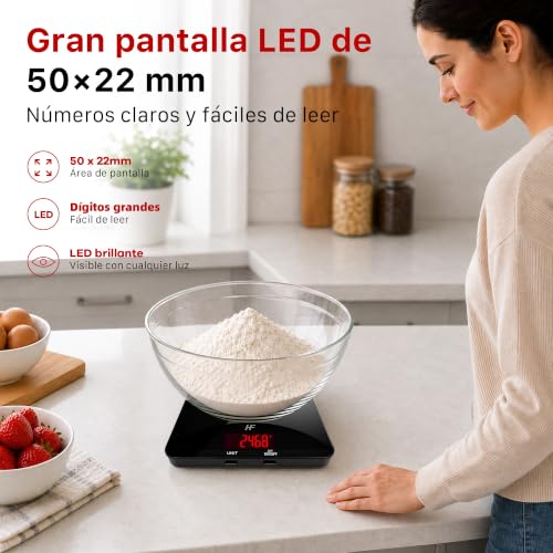 Detalle de HomeFashion Bascula de Cocina 20 kg con plataforma de vidrio y pantalla LED 50 mm