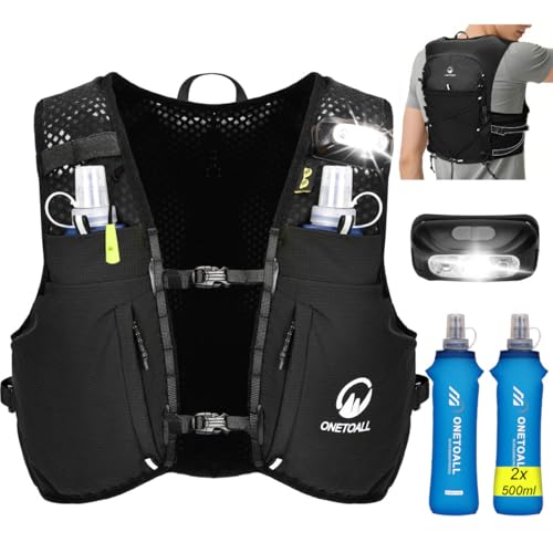 Detalle de ONETOALL Chaleco Running con Luz LED y 2 Botellas 500 ml – Hidratación y seguridad para trail