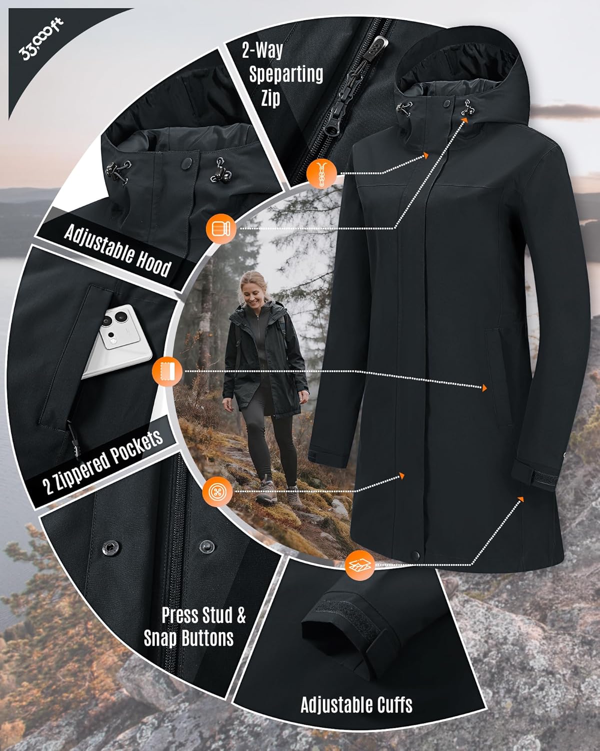 Detalle 2 de 33,000ft Damen Regenjacke Windbreaker Lange – Wasserdichte Softshell mit Kapuze (10000 mm/24h, Atmungsaktiv)
