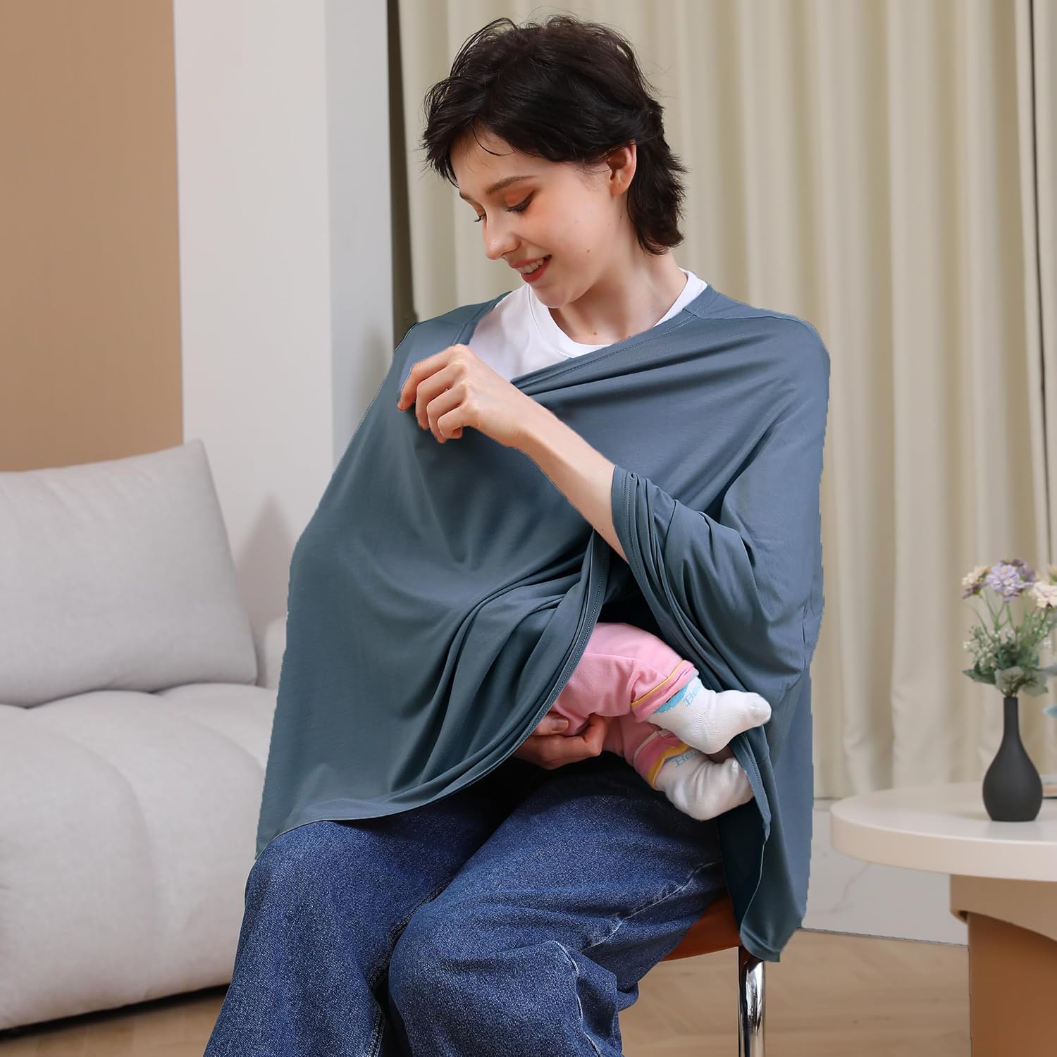 Detalle 1 de Seejoy Nursing Cover Poncho, 360° Coverage, Soft Rayon Blend, Blue