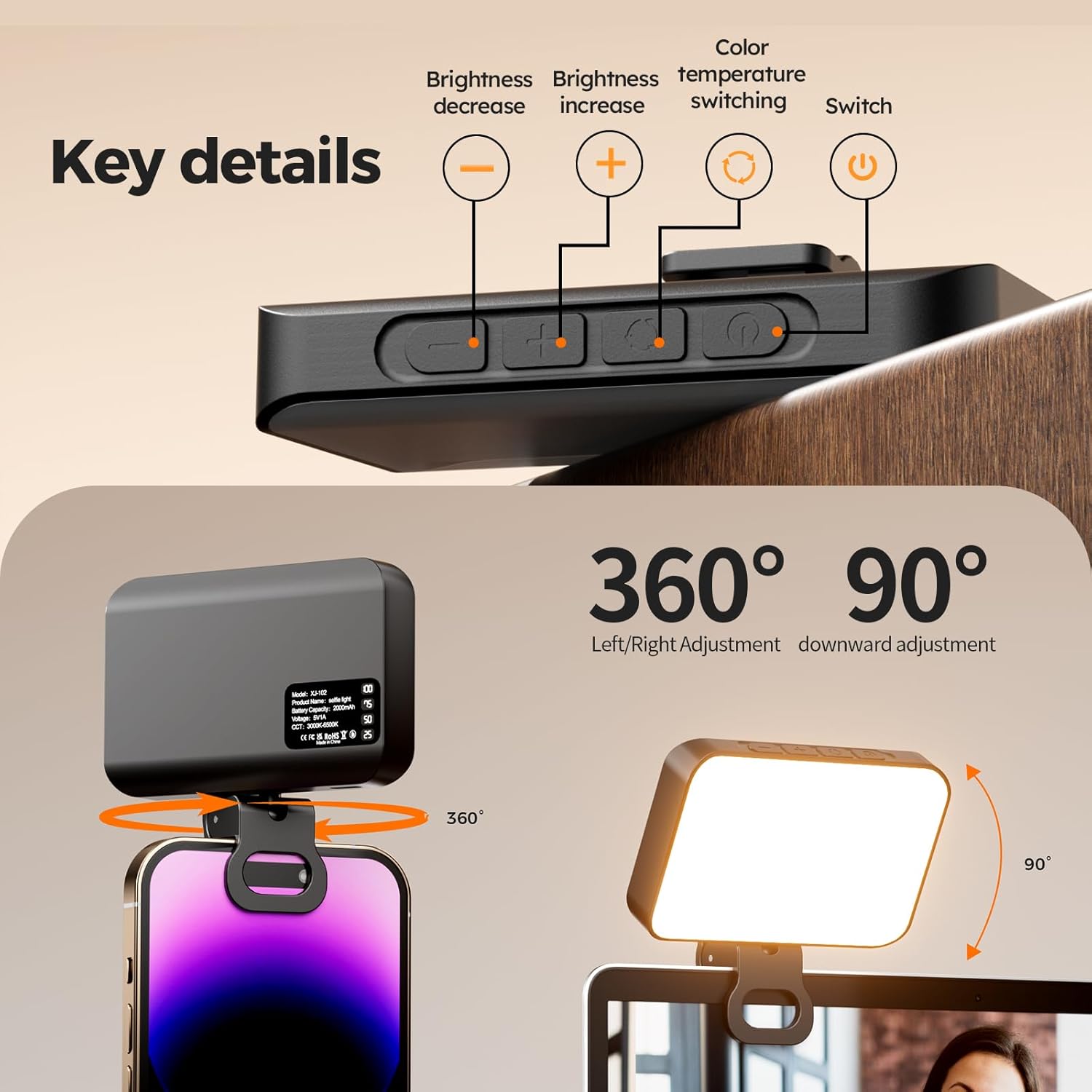 Detalle de Lumière Téléphone Selfie Light 60 LED, 3 températures de couleur et batterie 2000 mAh
