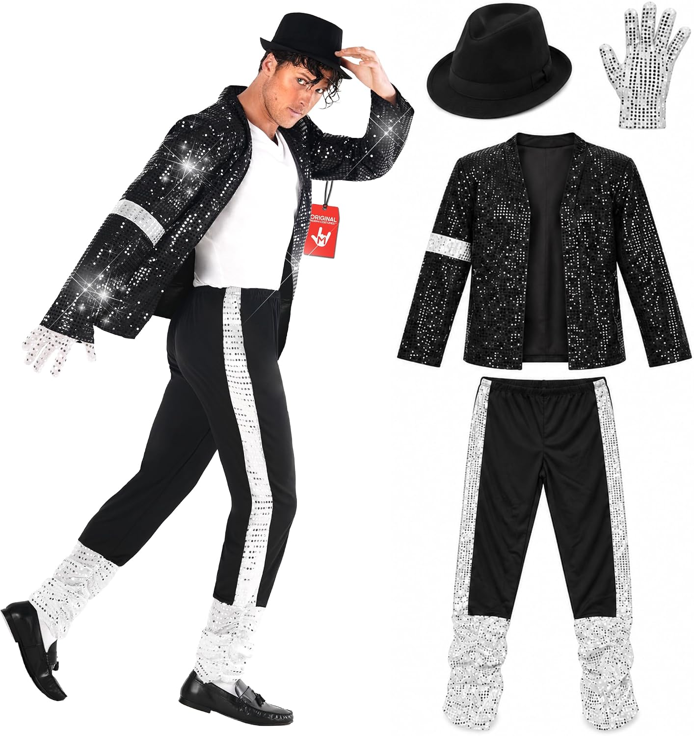 Detalle de Morph Popstar Costume for Men with Black Sparkle Jacket, Silver Gloves & Fedora