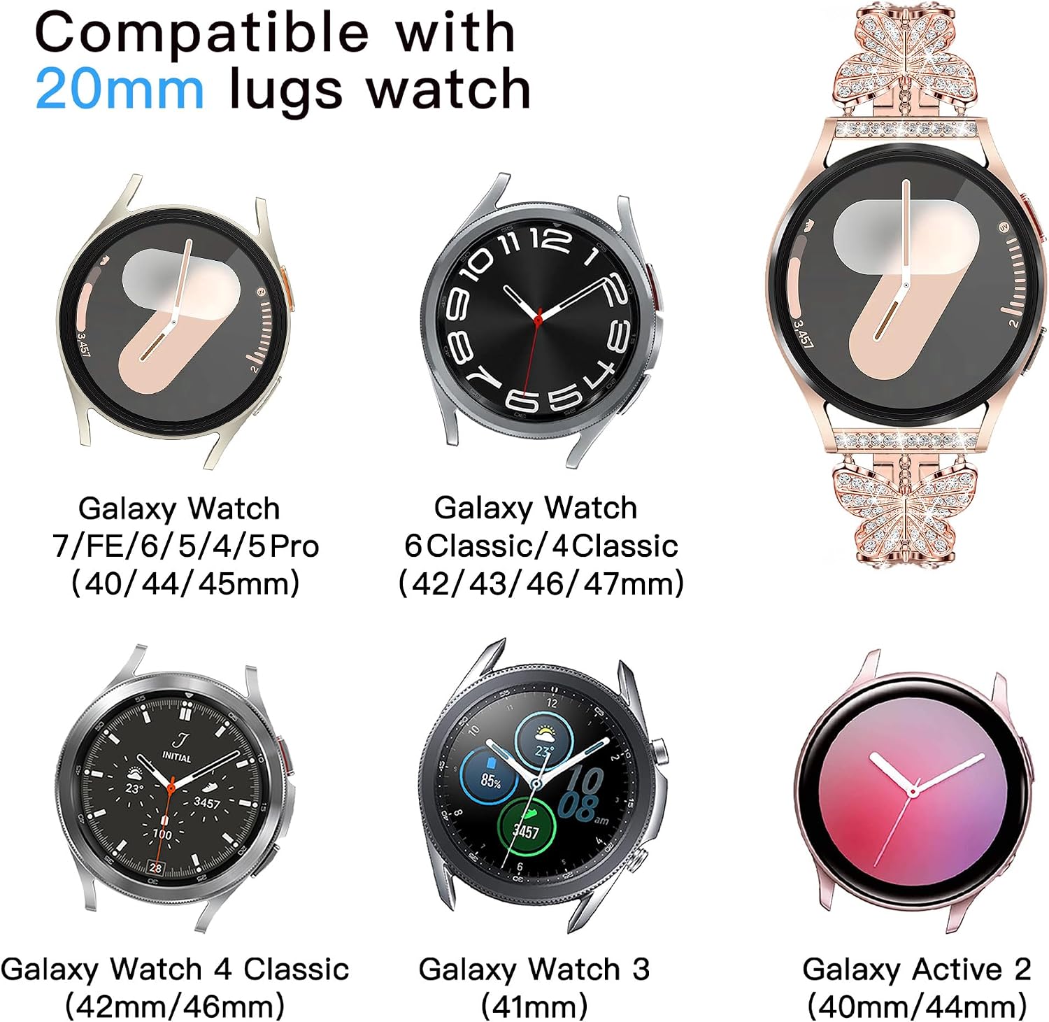 Detalle de Ocaer Bling Metal Watch Strap for Samsung Galaxy Watch Series (20mm) — Women’s 40mm–44mm and 43mm–47mm, with Butterfly Rhinestones