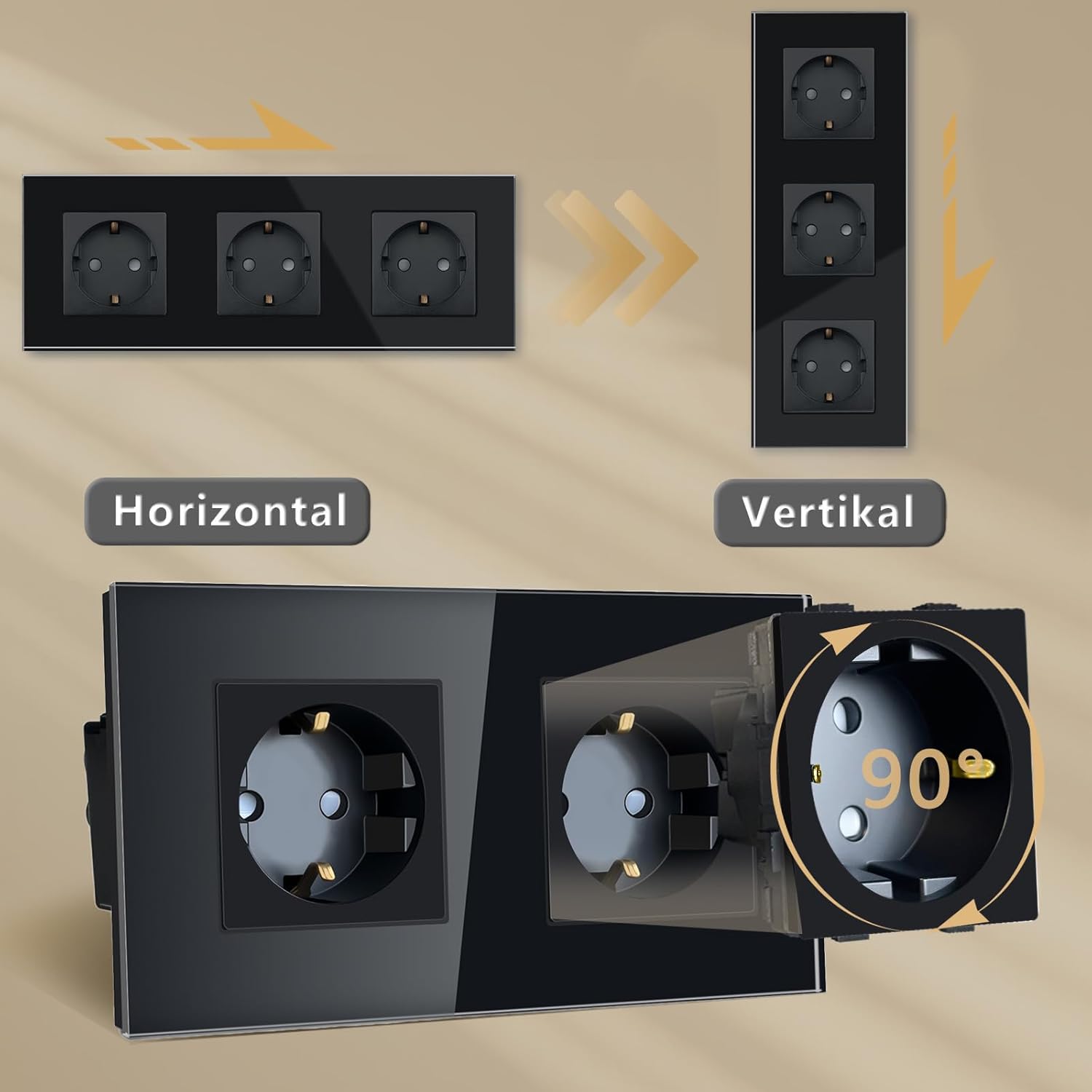 Thumbnail 5 de TAWOIA Schuko Unterputz-Steckdose 5-fach mit Kristallglasplatte (Schwarz, 86×370 mm) für 16 A / 250 V