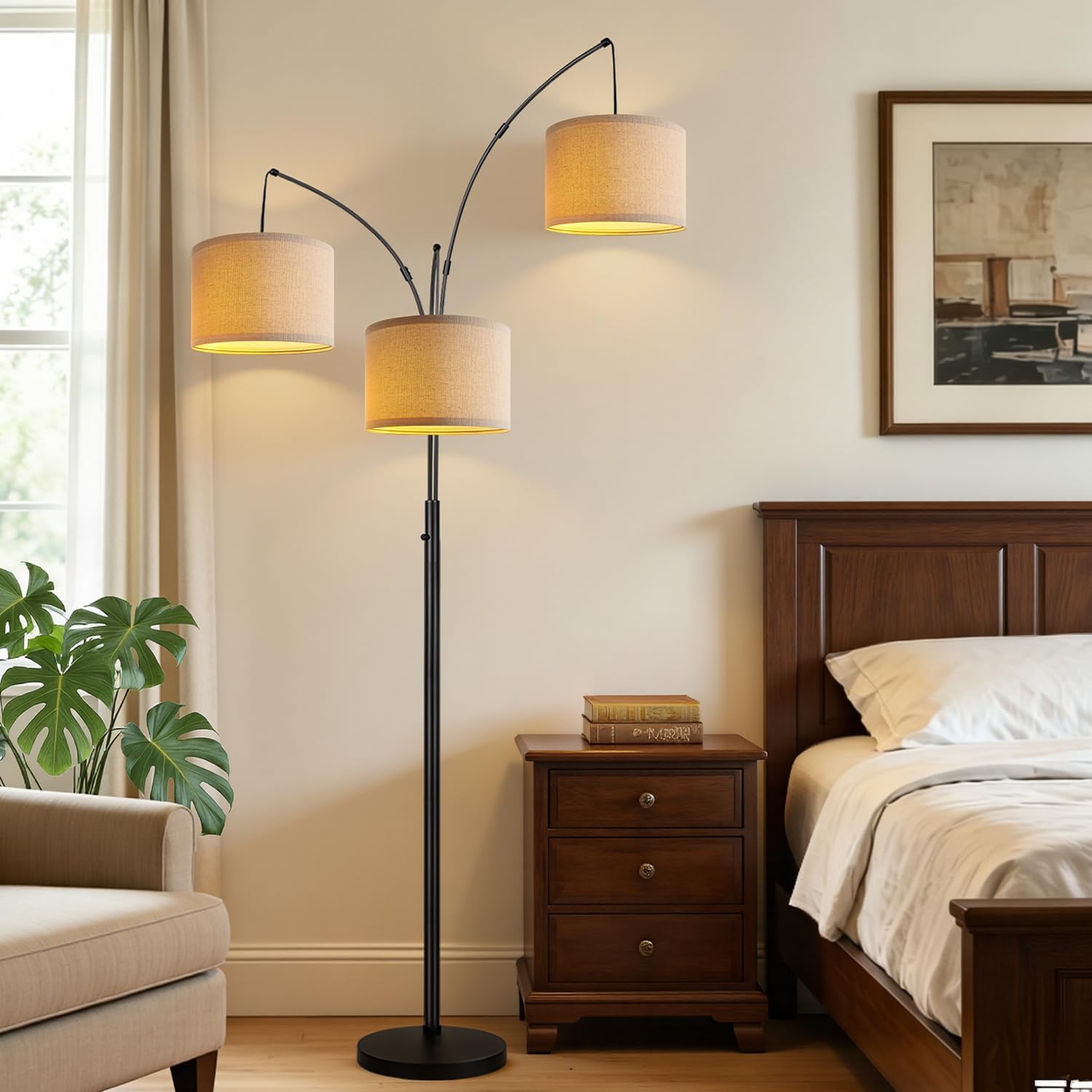 Thumbnail 6 de Nintiue Dimmable 3-Light Arc Floor Lamp with Beige Shades (E26, 1000LM, 203cm)
