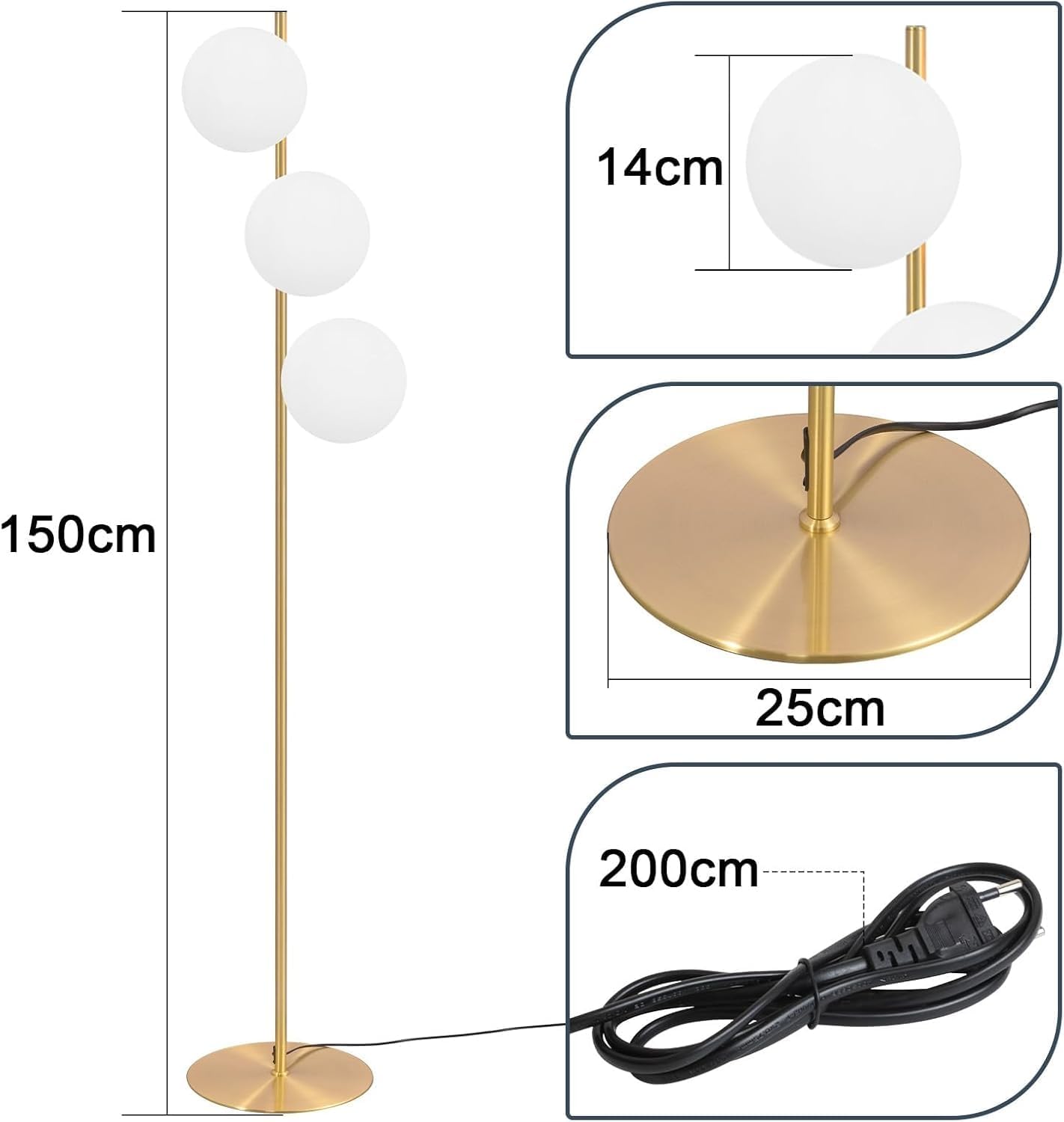 Thumbnail 3 de ZMH Lampadaire moderne pour salon — 3 ampoules E27, design doré et boule de verre