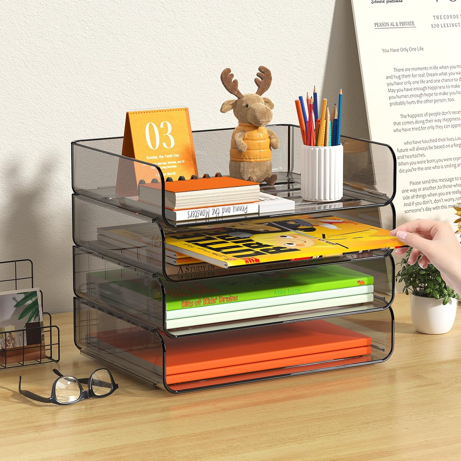 Thumbnail 5 de FANXIYQ 4-Tier Acrylic Paper Tray Organizer, Brown, Stackable and Tool-Free