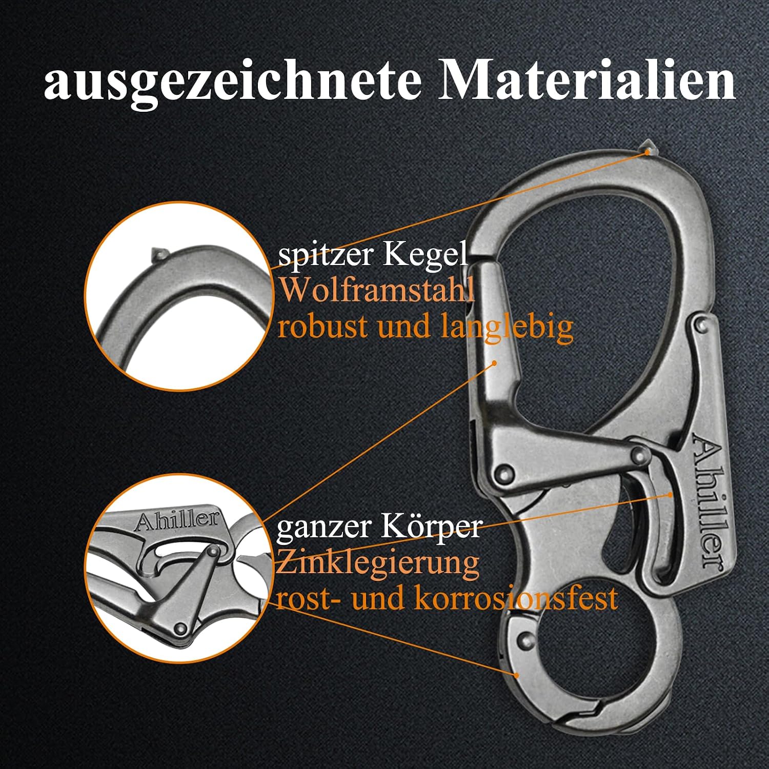 Detalle de Ahiller Karabiner Schlüsselanhänger mit Wolframstahl-Spitze (Notfall-Clip, doppelt gesichert)