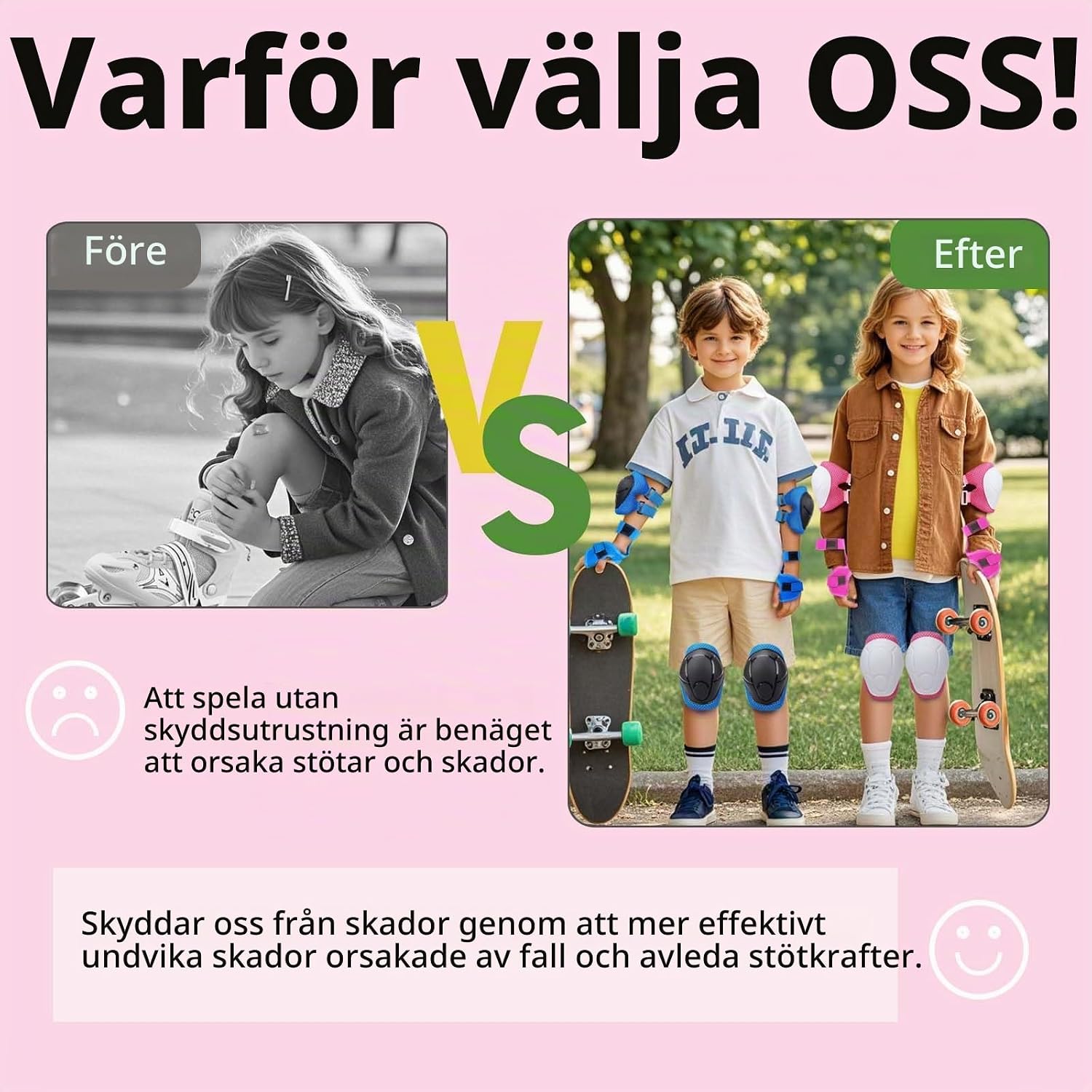 Detalle 2 de LUOJINYI knäskydd för barn, 6-delat set i rosa och vitt med kardborre