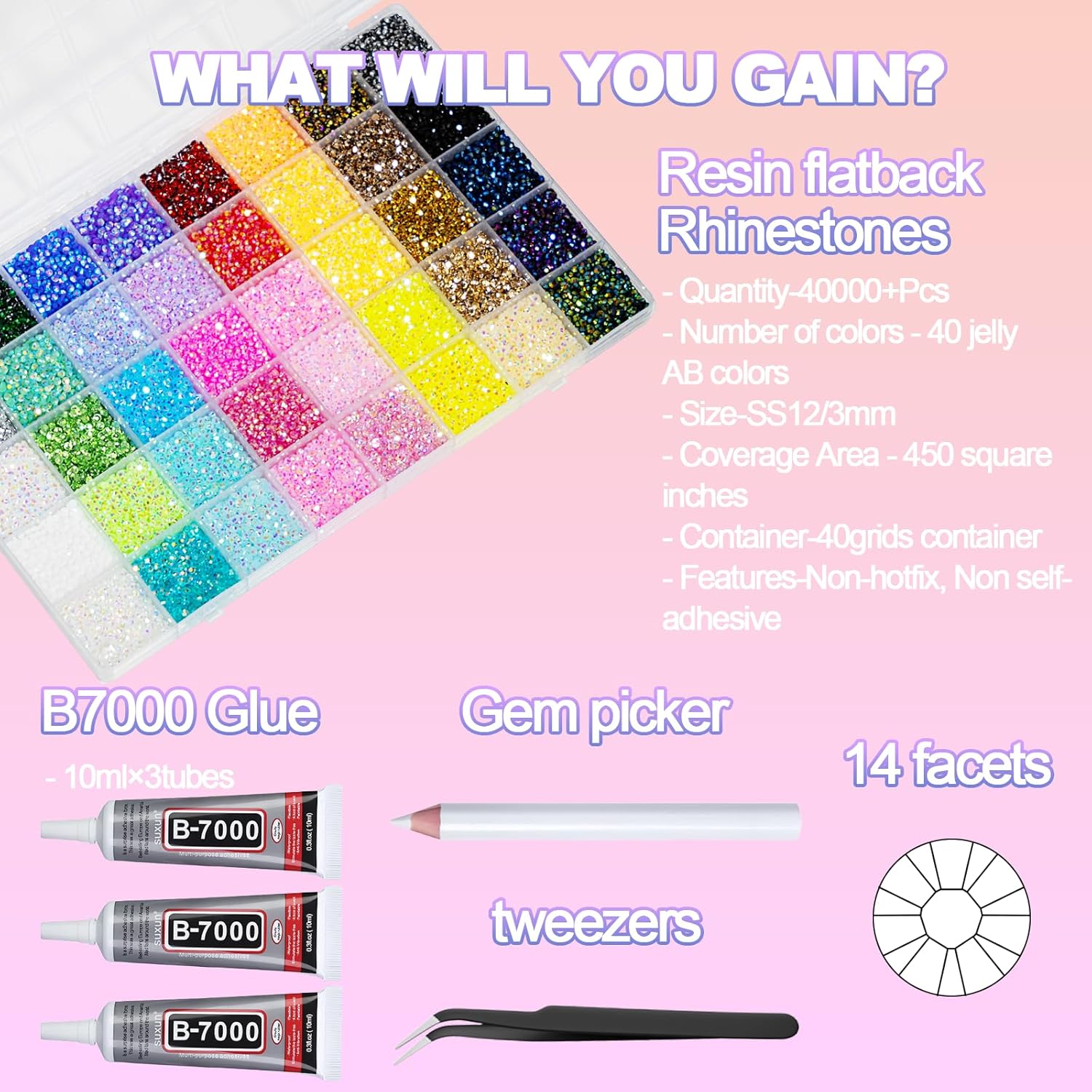 Thumbnail 1 de 40,000+ Resin Jelly Rhinestones Bedazzler Kit with B7000 Glue, 3mm Multicolor Flat Back Gems