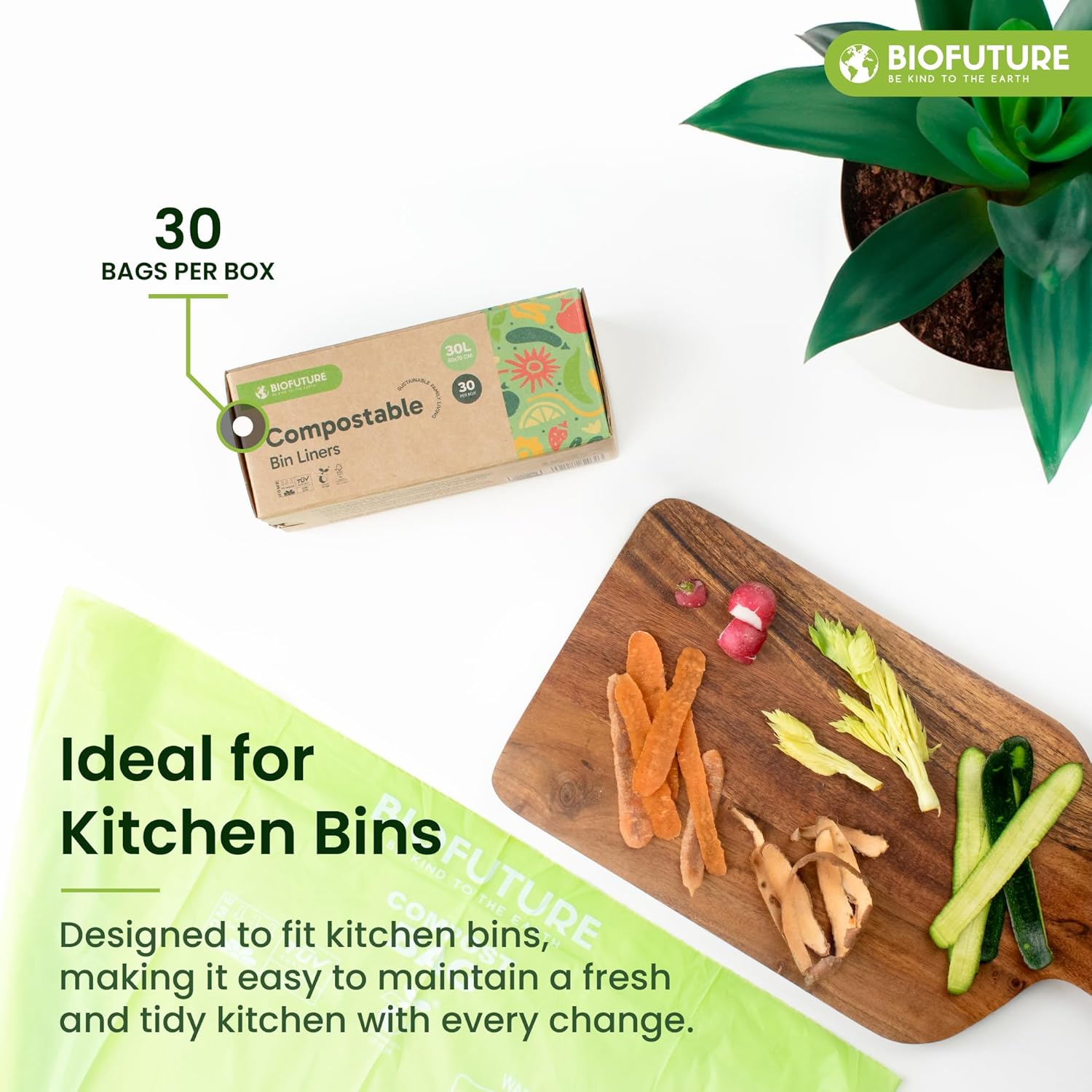 Detalle de Biofuture 30L x 30 Compostable Food Waste Bags – EN13432 Certified, Council Approved