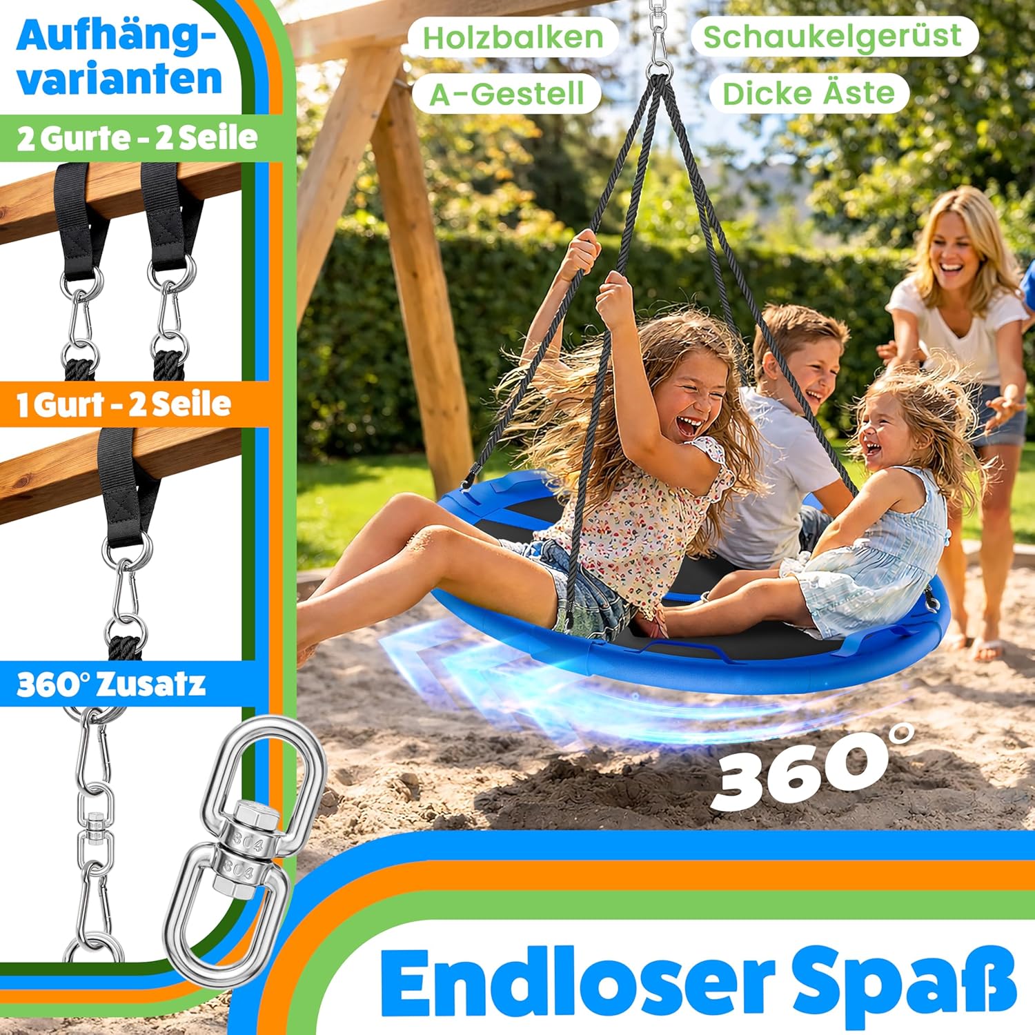 Detalle de ELONEO Balançoire nid | balançoire ronde 90 cm, charge 300 kg et kit accessoires – pour intérieur et extérieur